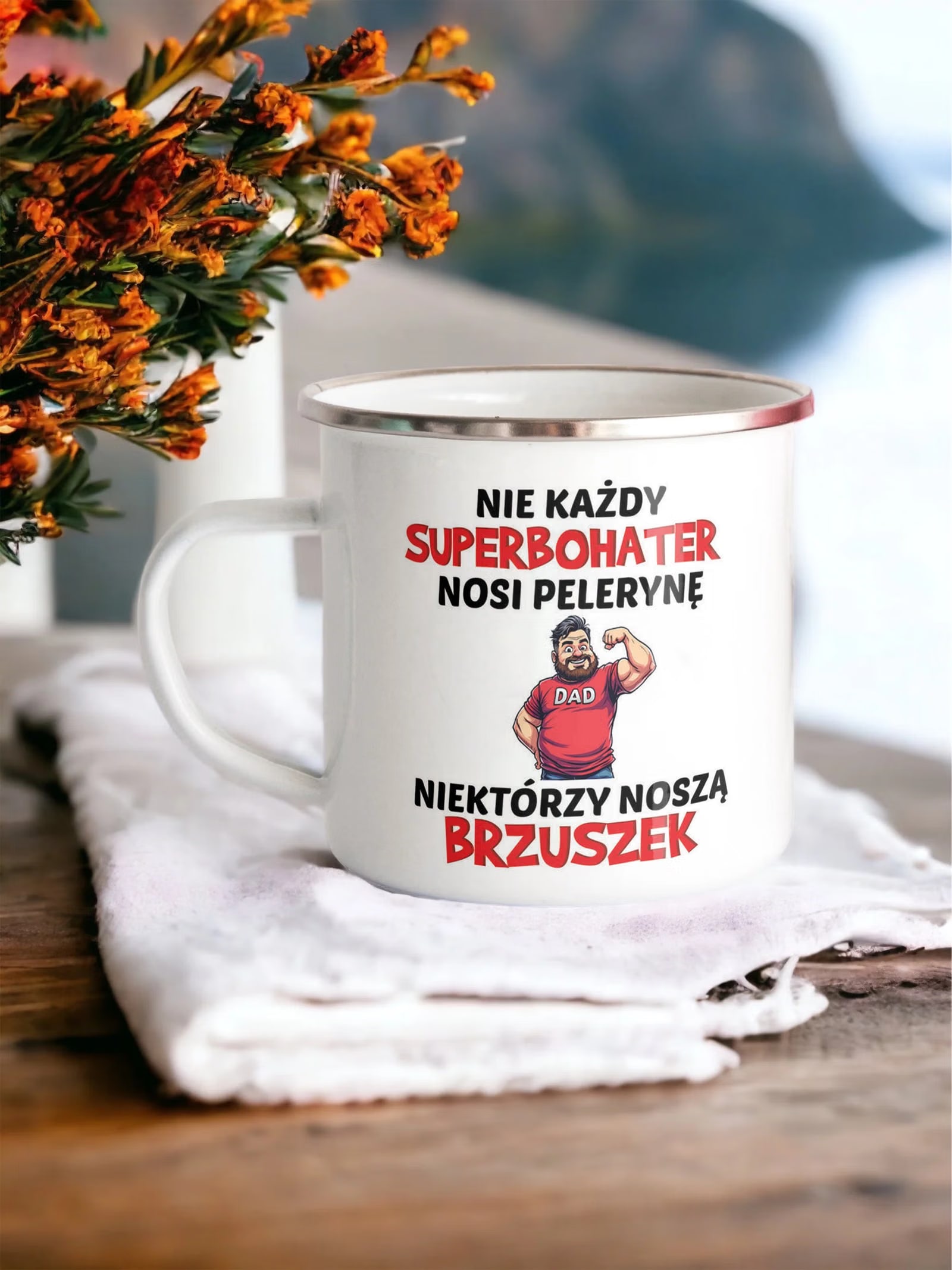 Kubek Emaliowany Dzień Ojca Dla Taty Nie Każdy z Nadrukiem Biały Metalowy