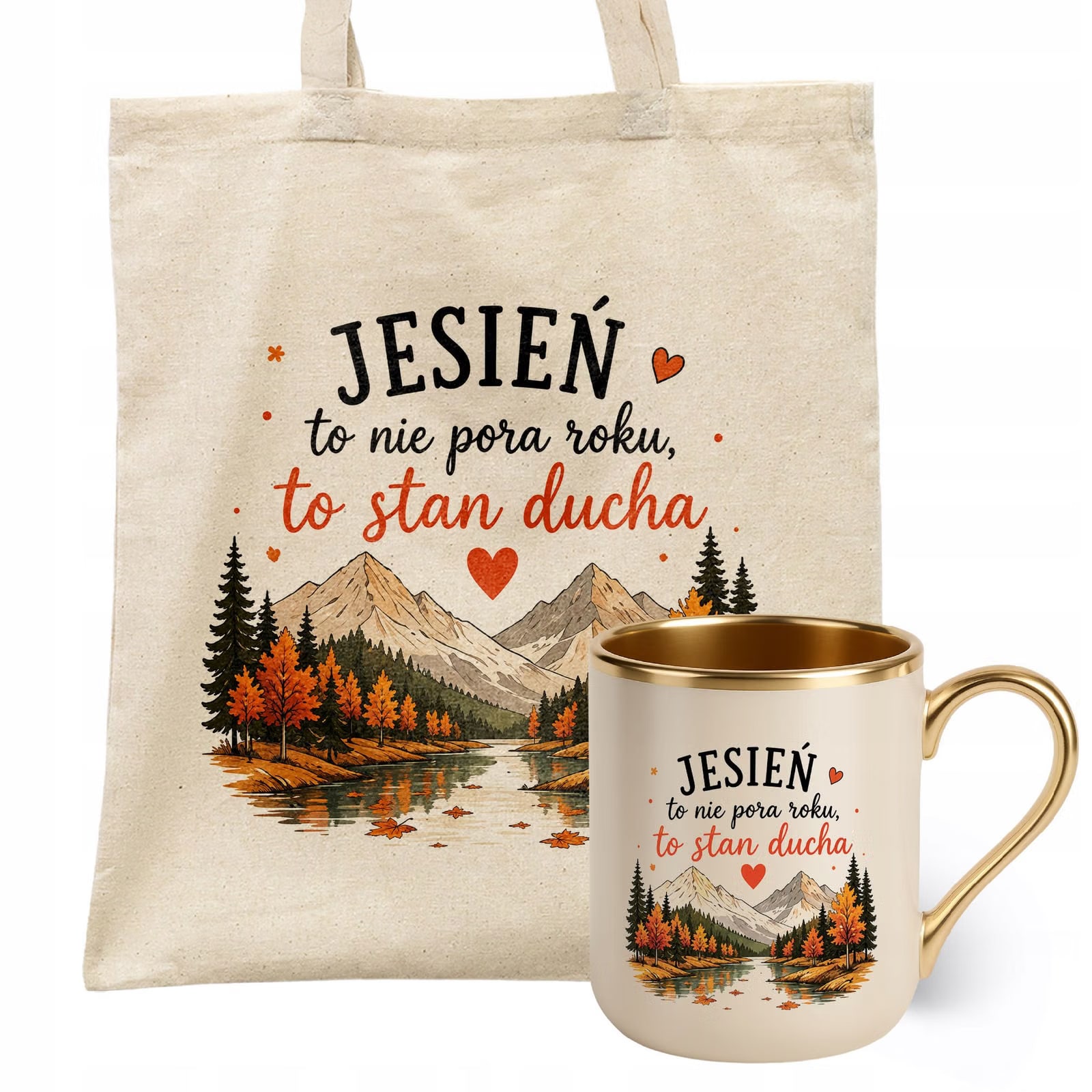 Zestaw Kubek Premium Złoty Ecru Torba Shopper Ecru Z Nadrukiem Jesień