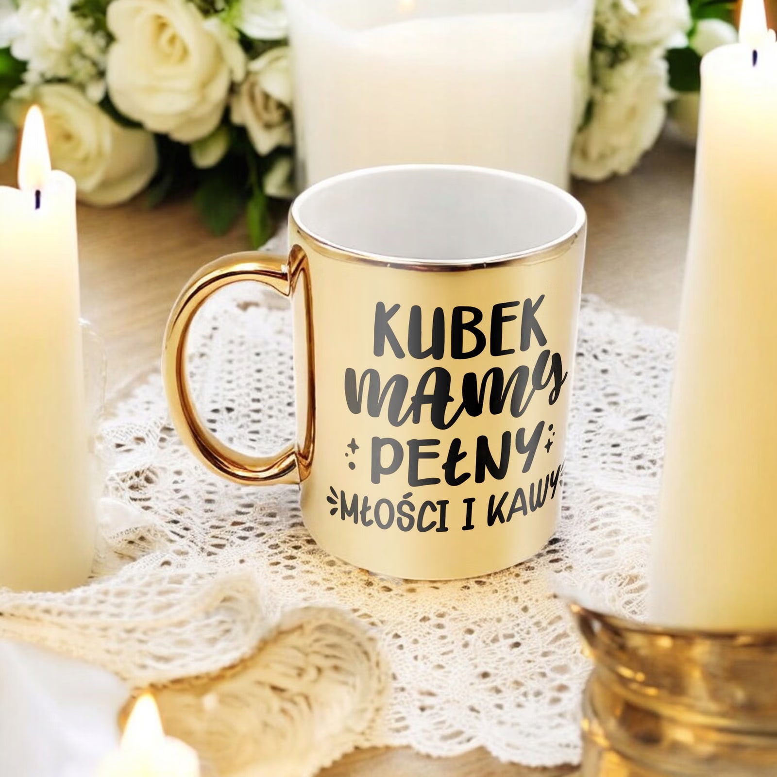 Złoty Kubek ceramiczny Dzień Matki Dla Mamy Kubek Pełny Kawy i Miłości