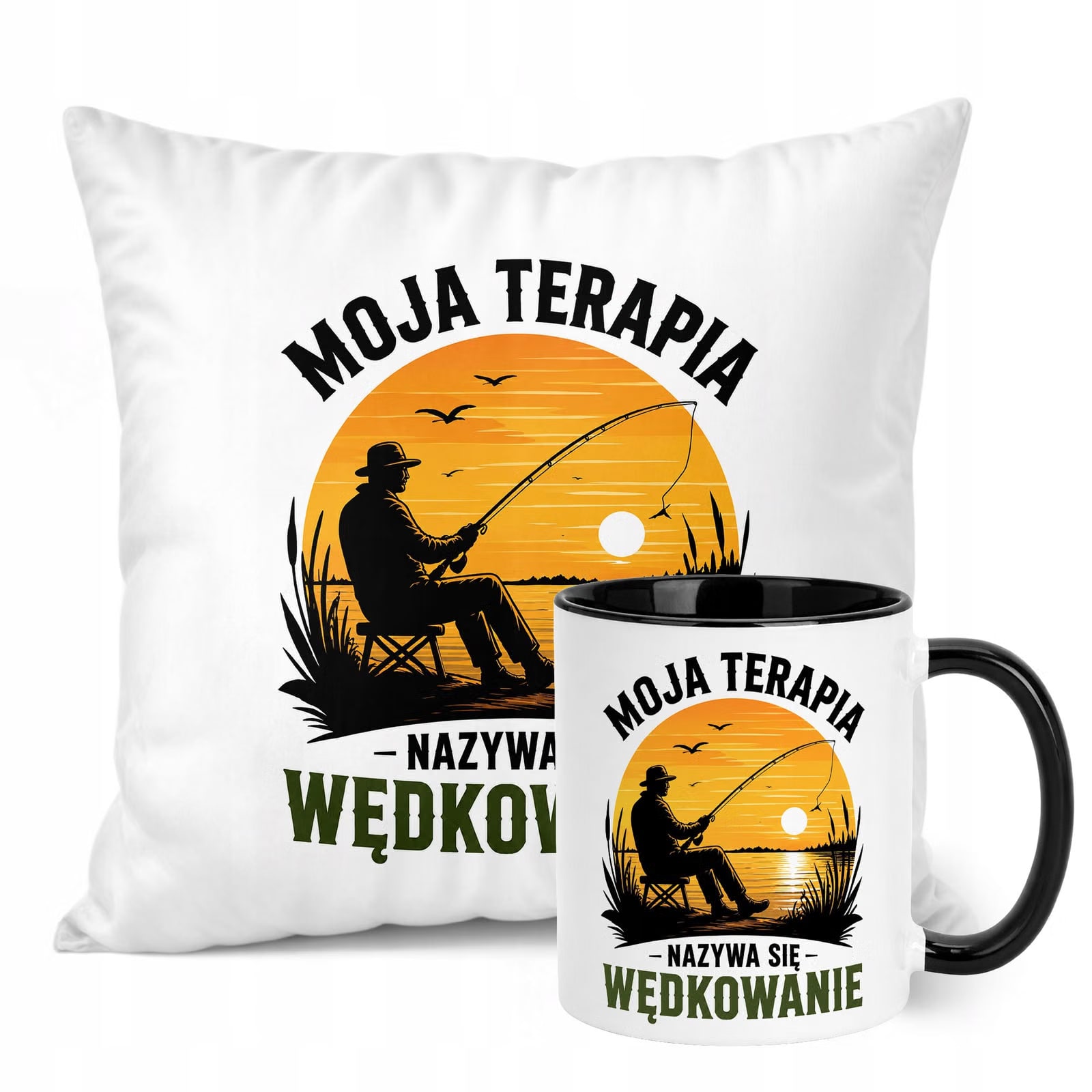 Zestaw Kubek Czarny Poduszka Z Nadrukiem Dla Wędkarza Prezent