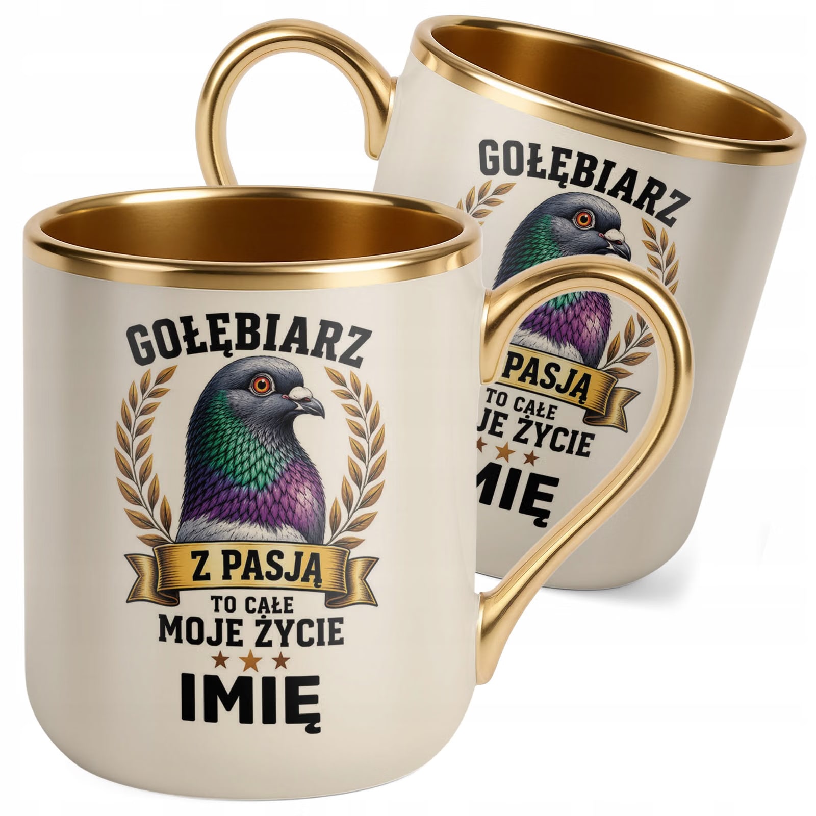 Kubek Personalizowany z nadrukiem Premium Złoty Ecru Dla Gołębiarza Prezent