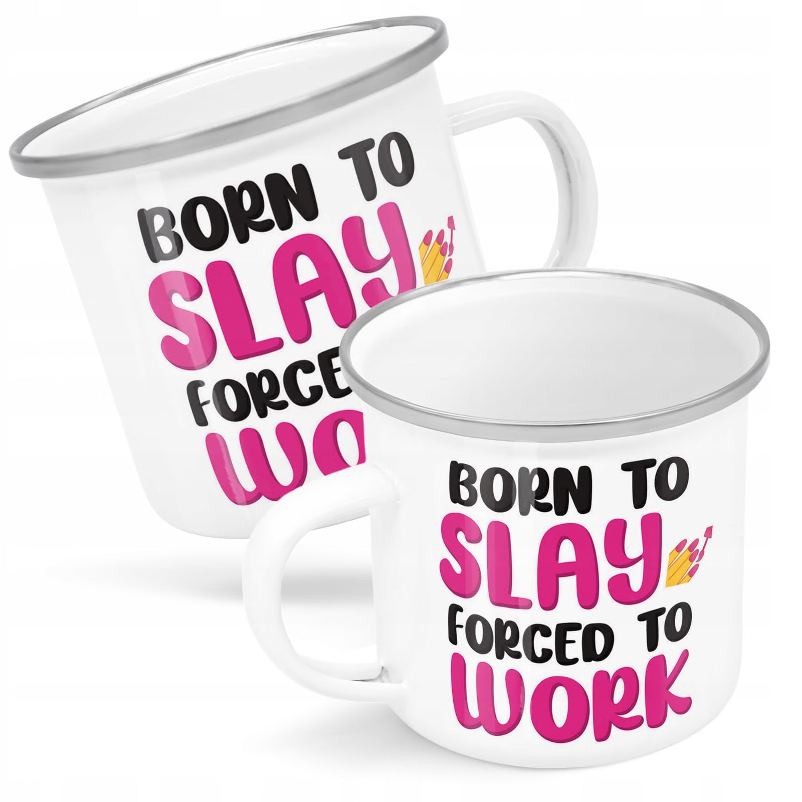 Kubek Emaliowany Born To Slay Forced Work z Nadrukiem Biały Metalowy