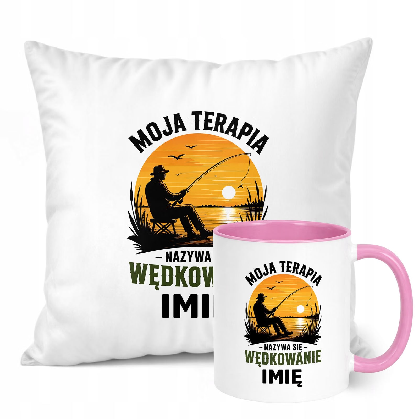 Zestaw Personalizowany Kubek Różowy Poduszka Z Nadrukiem Dla Wędkarza