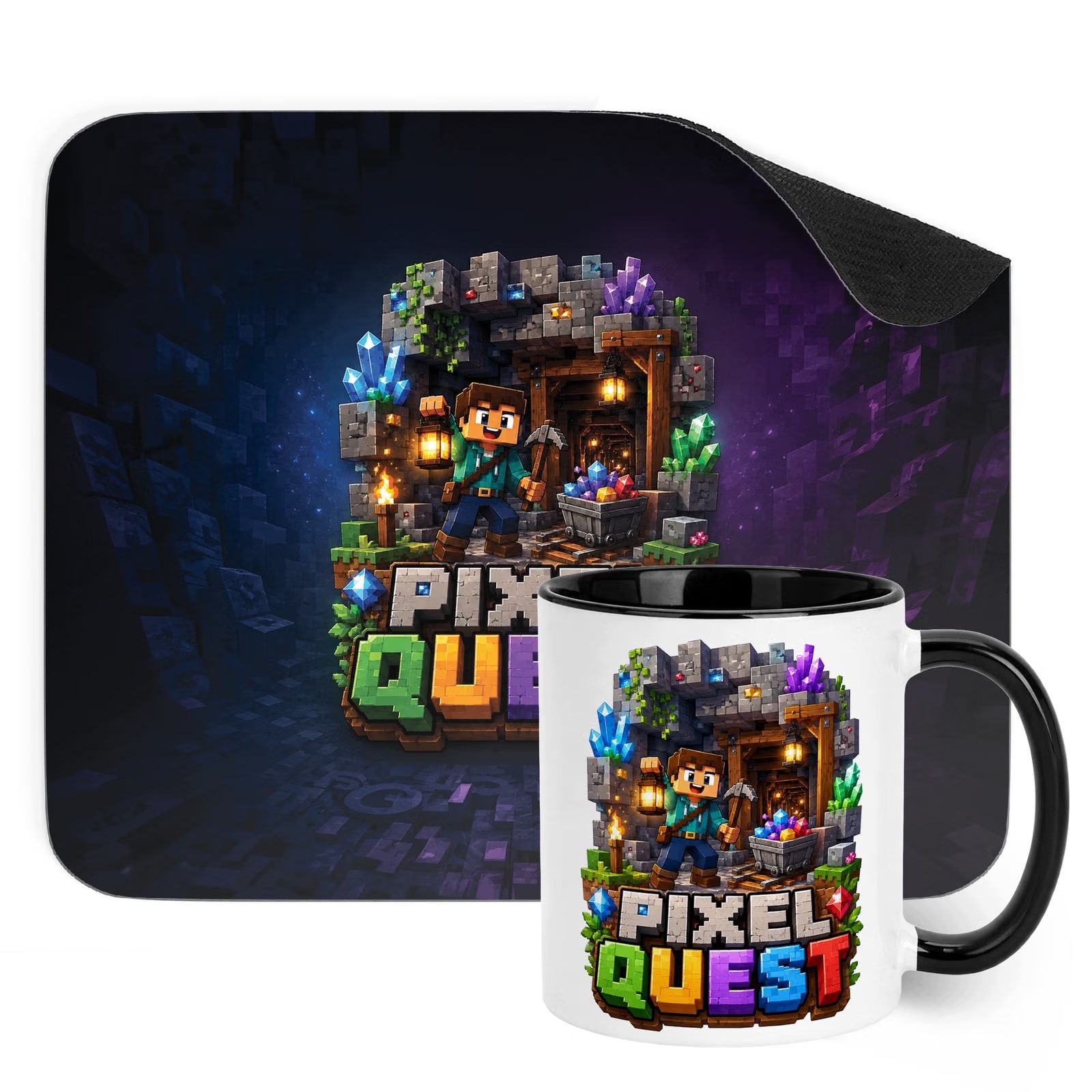 Zestaw Kubek Czarny Podkładka pod mysz z nadrukiem gra Pixel Quest