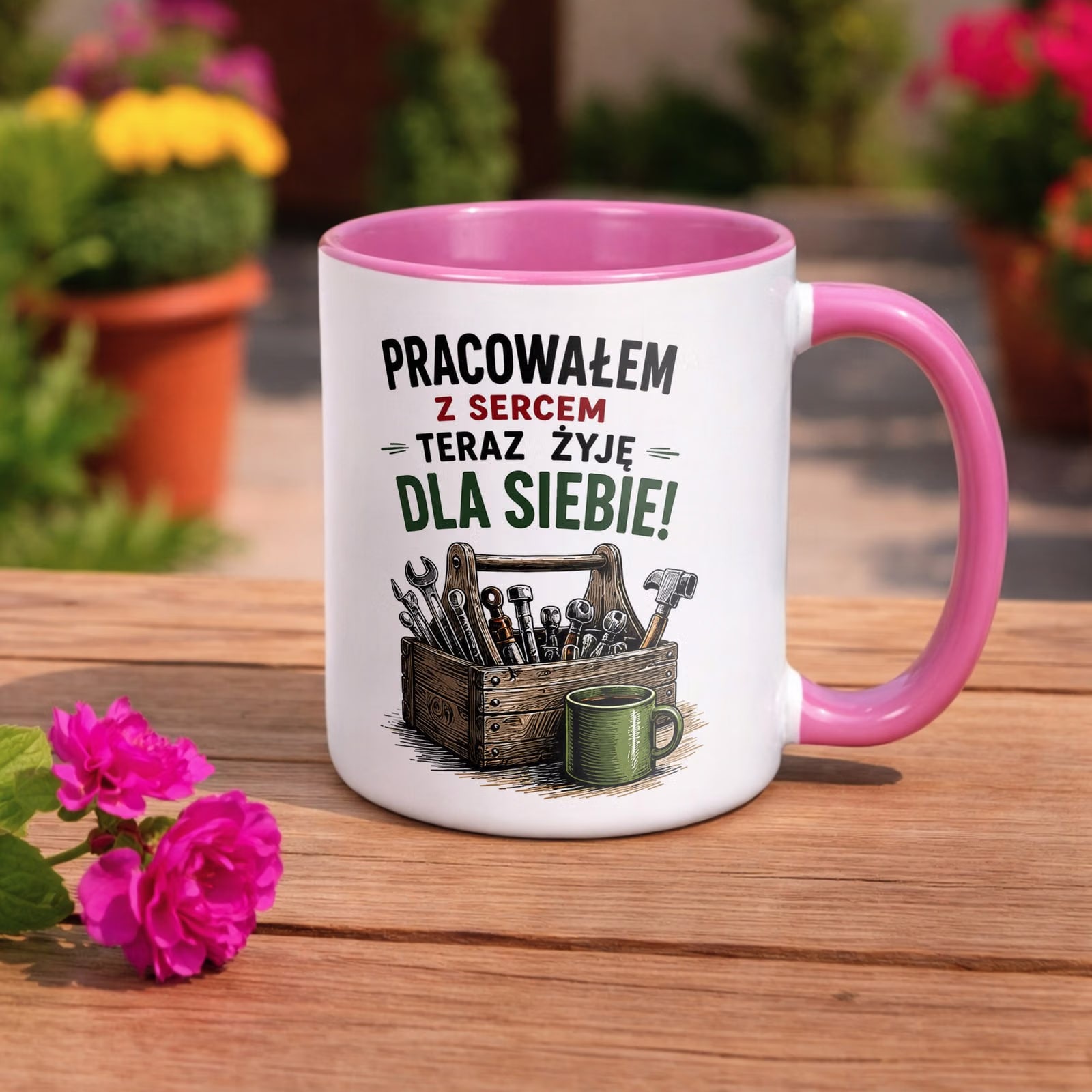 Kubek Różowy z nadrukiem Emerytura Dla Emeryta Upominek Prezent