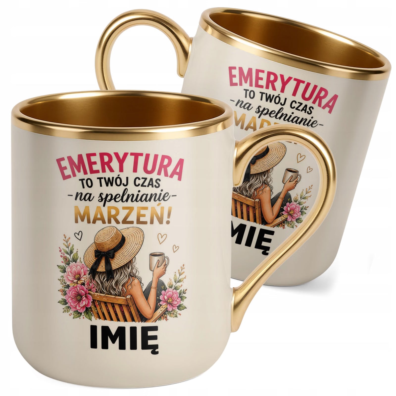 Kubek Personalizowany z nadrukiem Premium Złoty Ecru Emerytura Prezent