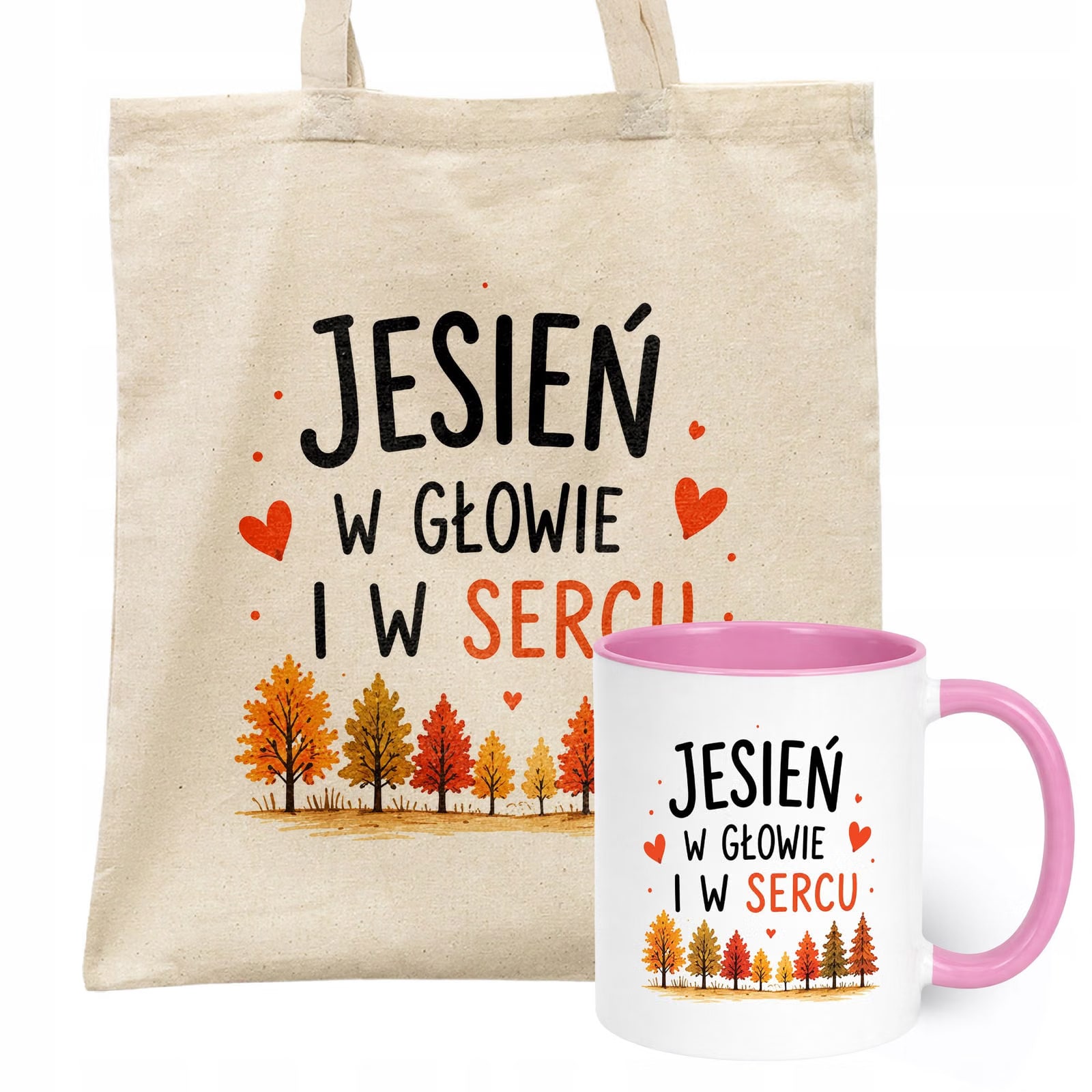 Zestaw Kubek Różowy Torba Shopper Ecru Z Nadrukiem Jesień Jesienny