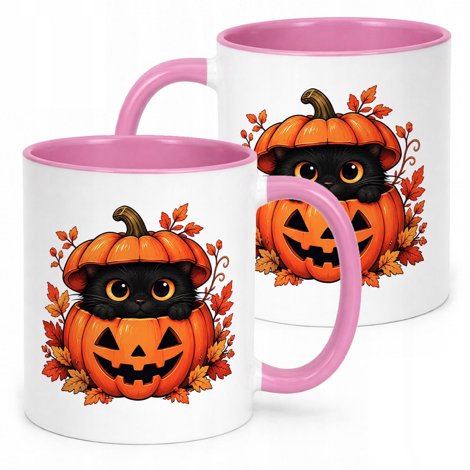 Kubek Różowy z Nadrukiem Halloween Jesień Kot Dynia Prezent Upominek