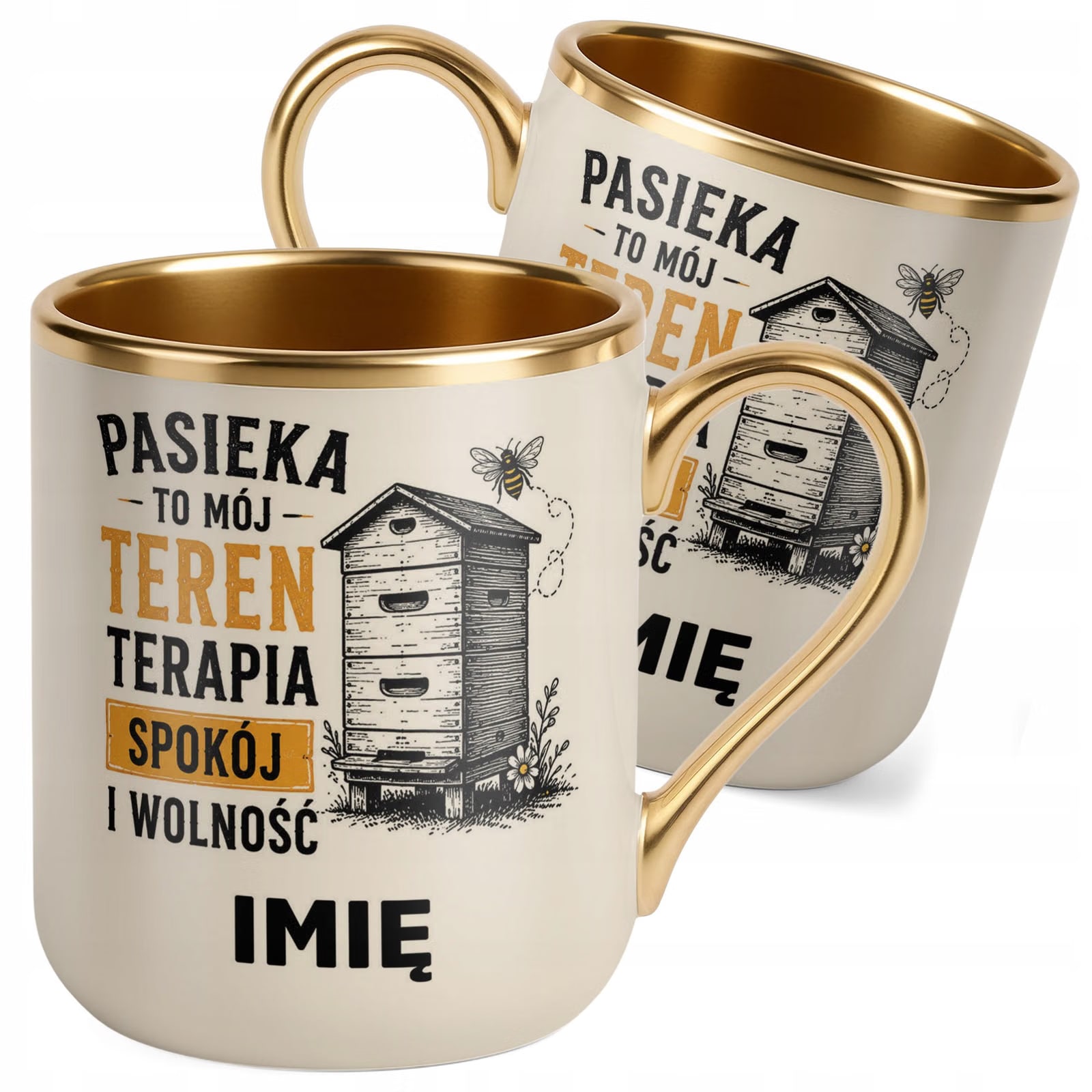 Kubek Personalizowany z nadrukiem Premium Złoty Ecru Dla Pszczelarza