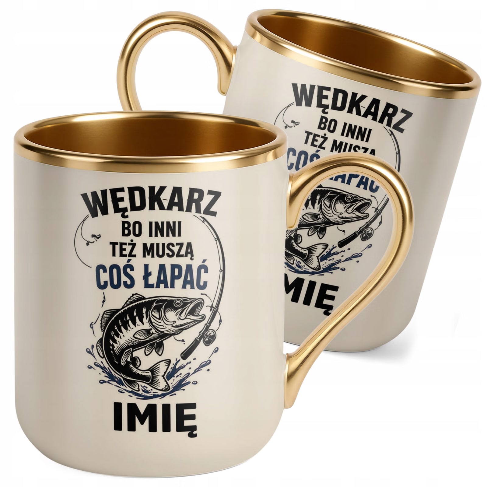 Kubek Personalizowany z nadrukiem Premium Złoty Ecru Dla Wędkarza Prezent