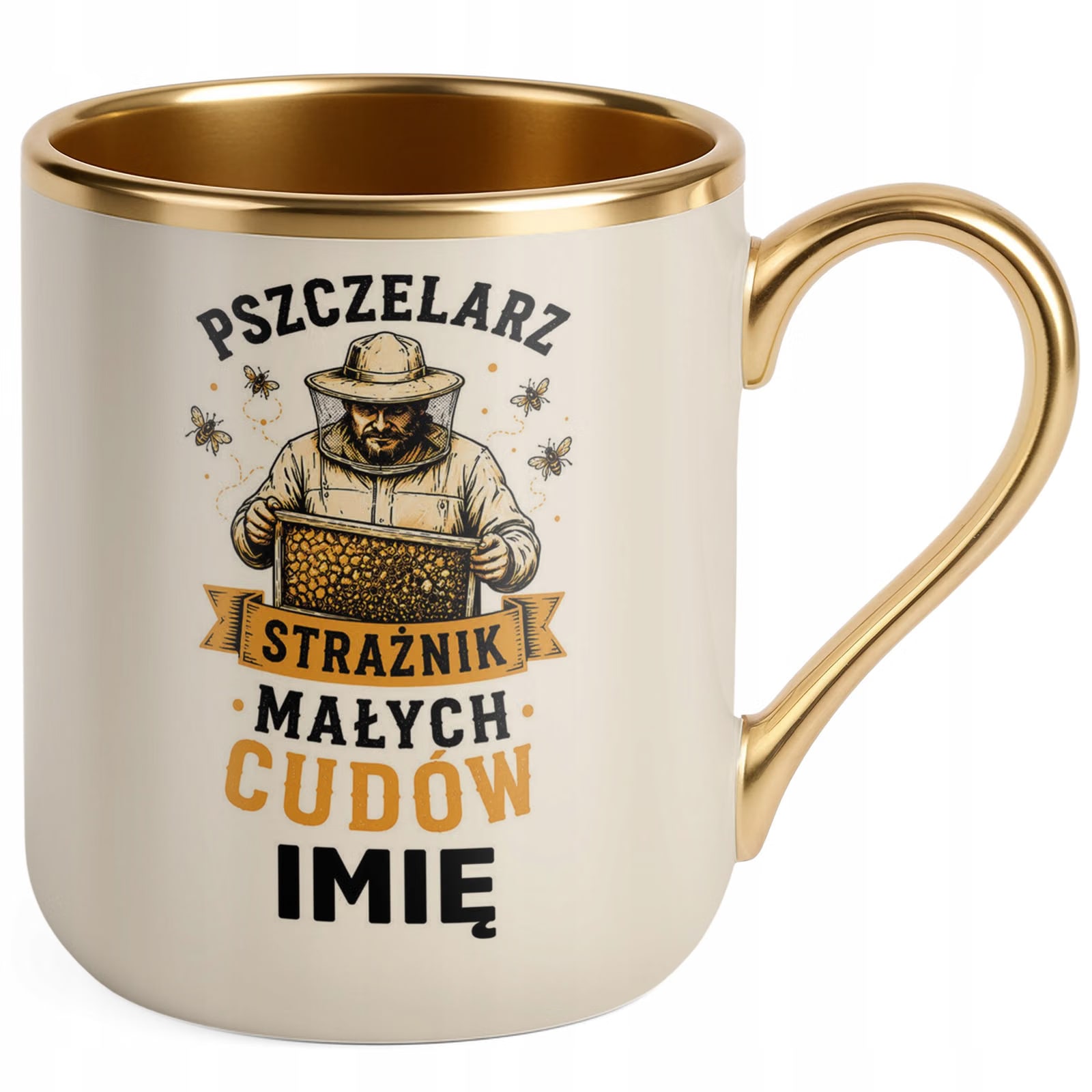 Kubek Personalizowany z nadrukiem Premium Złoty Ecru Dla Pszczelarza