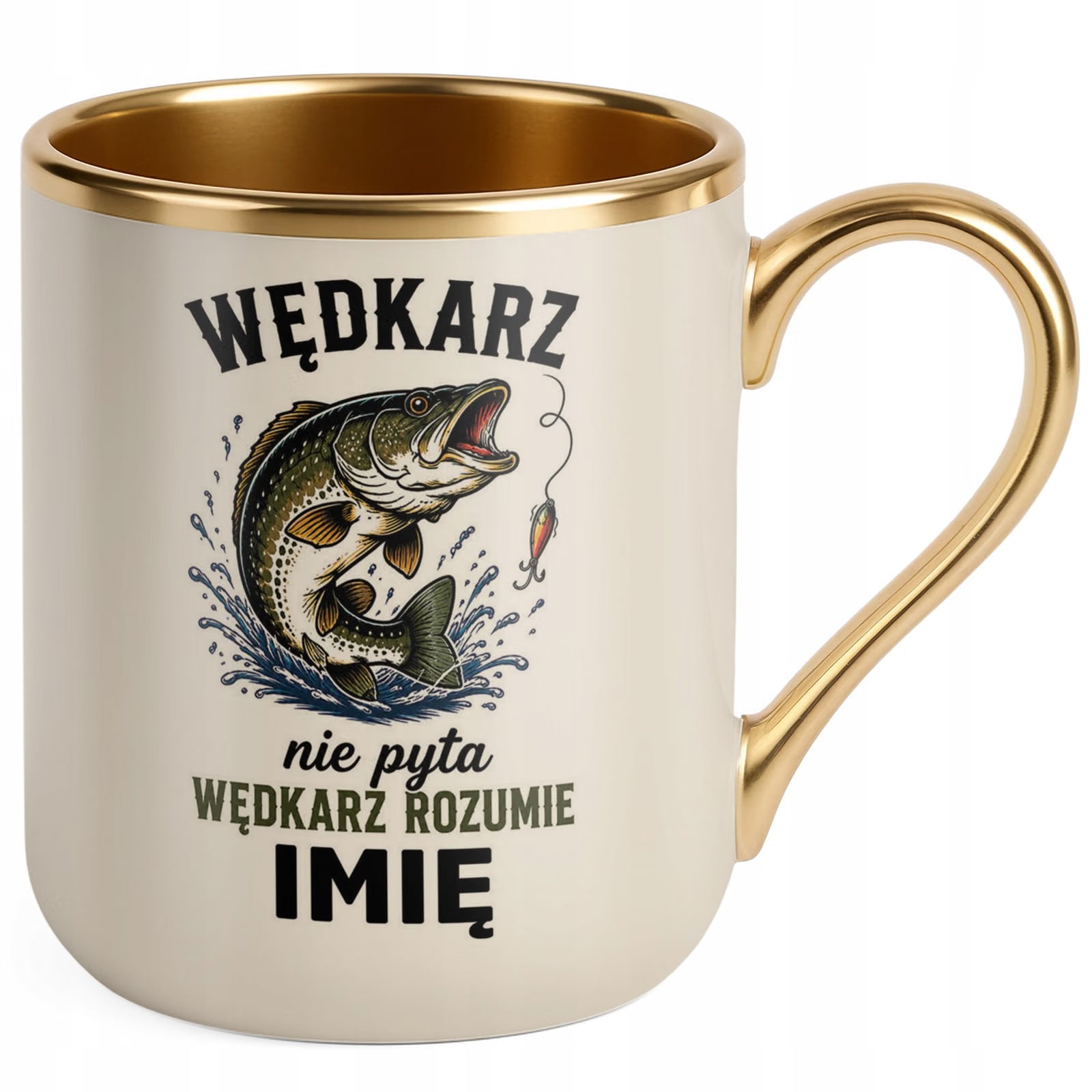 Kubek Personalizowany z nadrukiem Premium Złoty Ecru Dla Wędkarza Prezent
