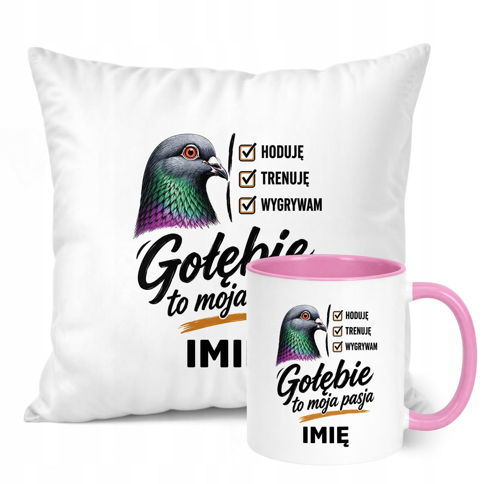 Zestaw Personalizowany Kubek Różowy Poduszka Z Nadrukiem Dla Gołębiarza