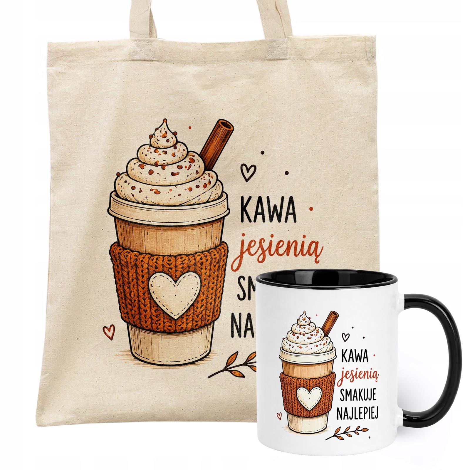 Zestaw Kubek Czarny Torba Shopper Ecru Z Nadrukiem Jesień Jesienny