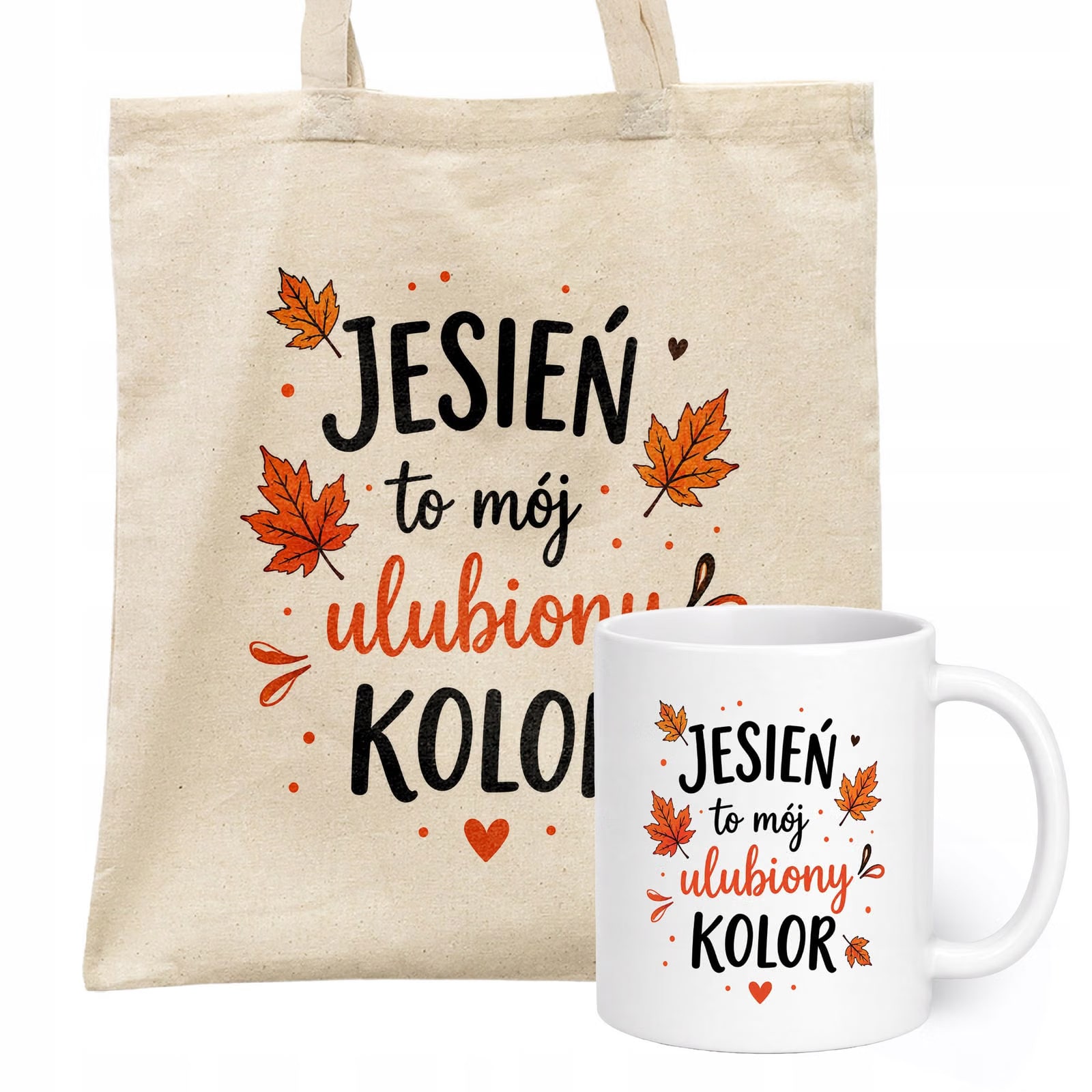 Zestaw Kubek Biały Torba Shopper Ecru Z Nadrukiem Jesień Jesienny Prezent