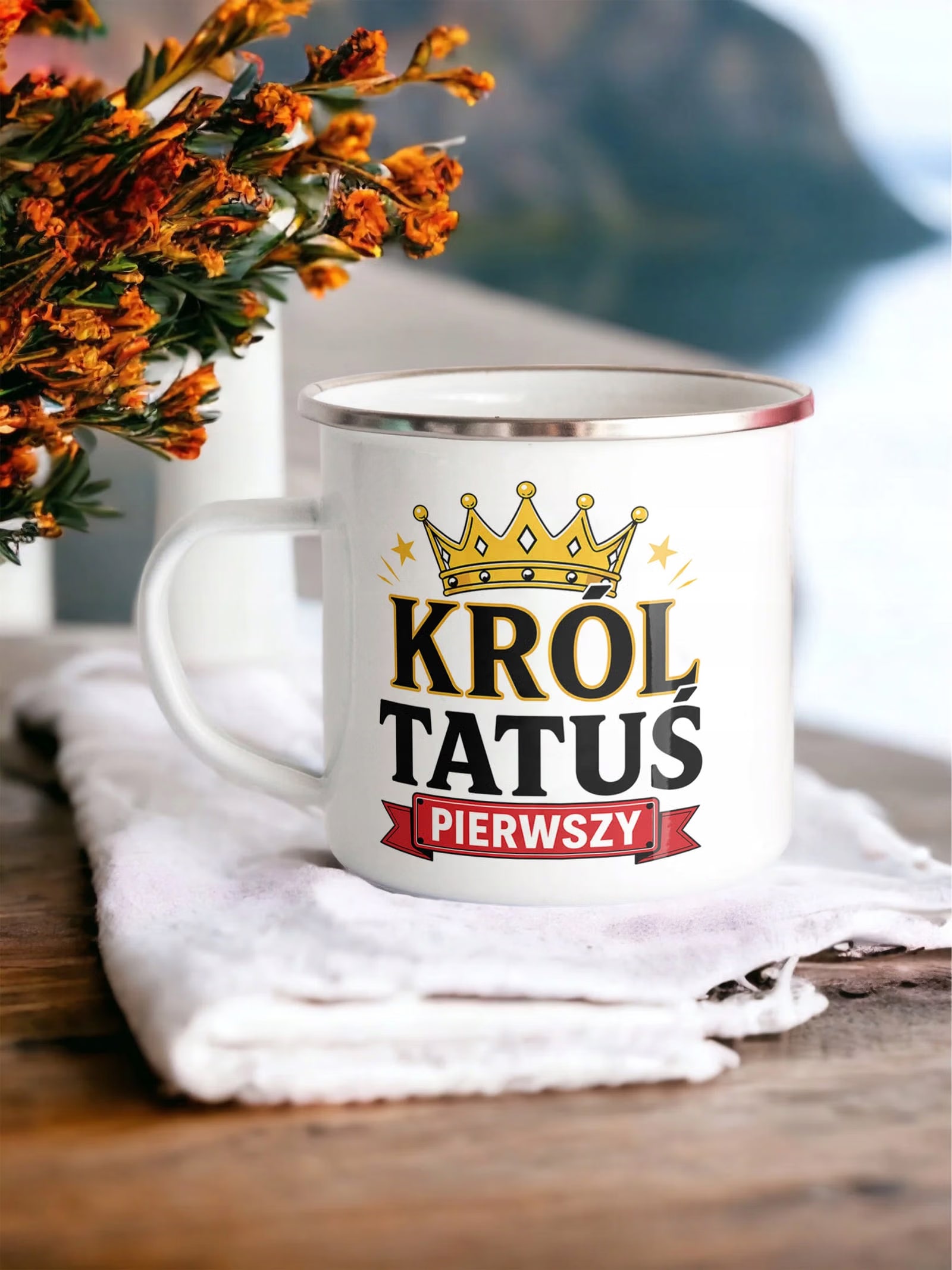 Kubek Emaliowany pomysł dla taty Dzień Ojca z Nadrukiem Biały Metalowy