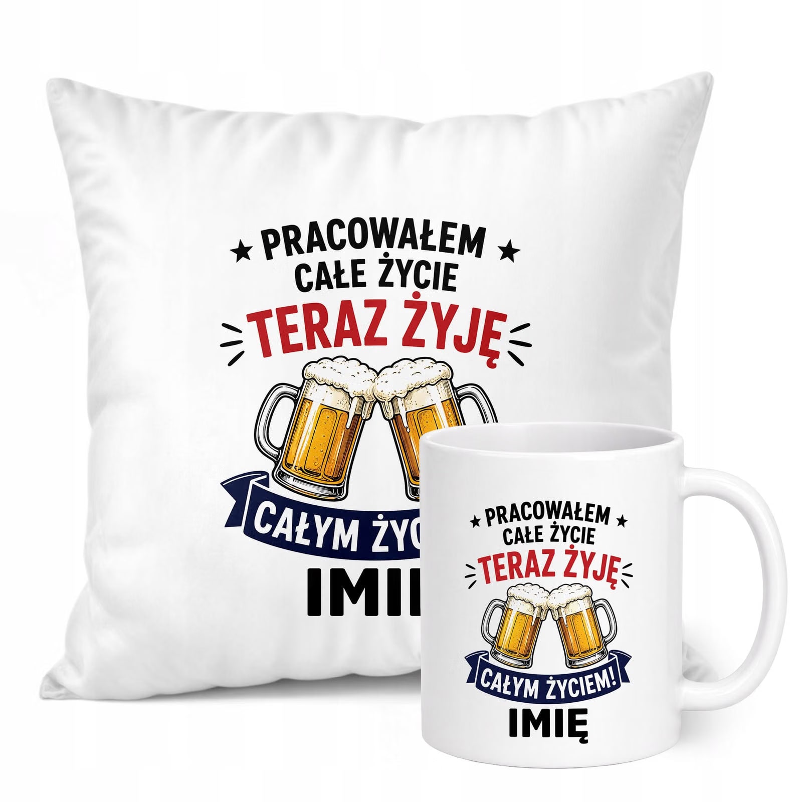 Zestaw Personalizowany Kubek Biały Poduszka Emerytura Dla Emeryta Prezent