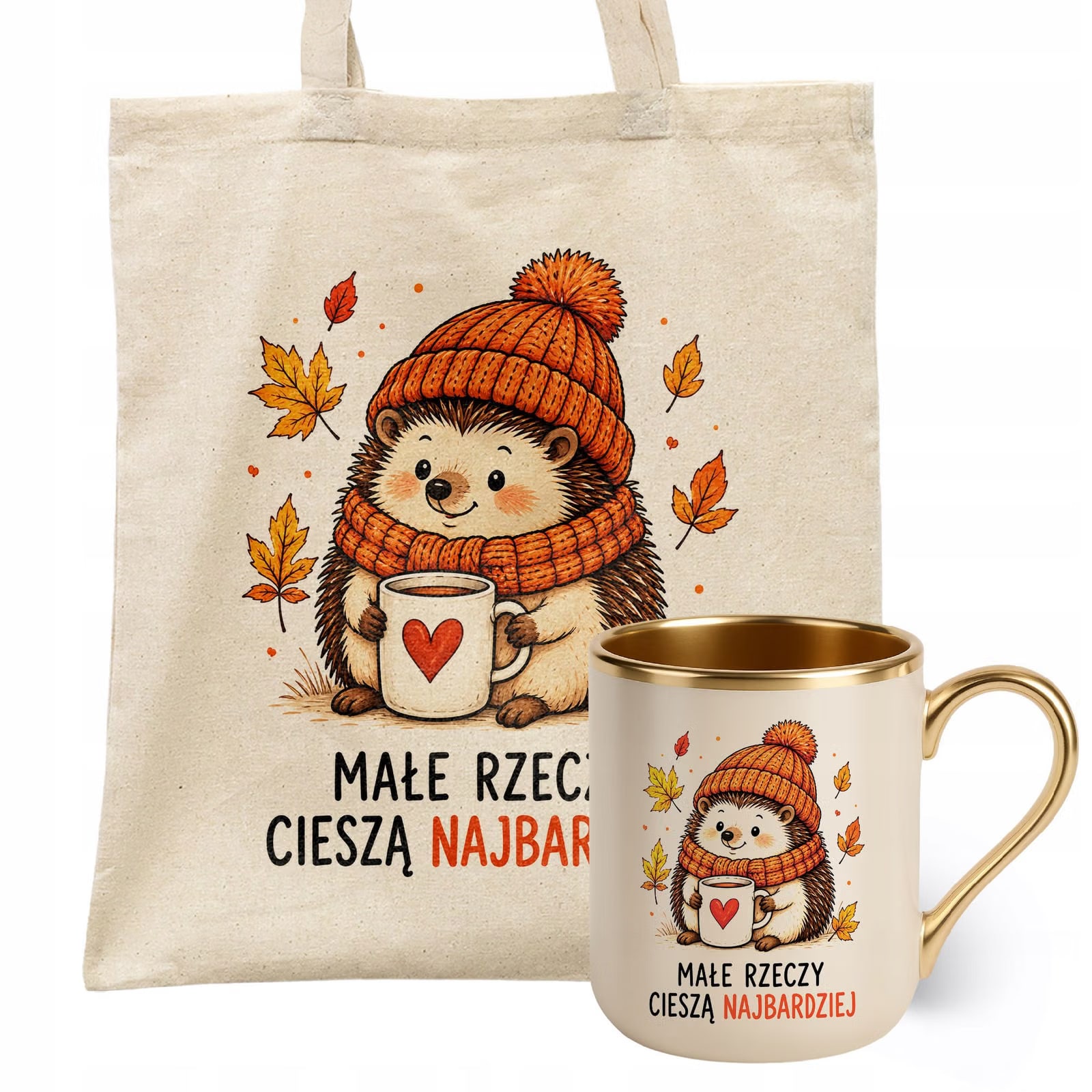 Zestaw Kubek Premium Złoty Ecru Torba Shopper Ecru Z Nadrukiem Jesień