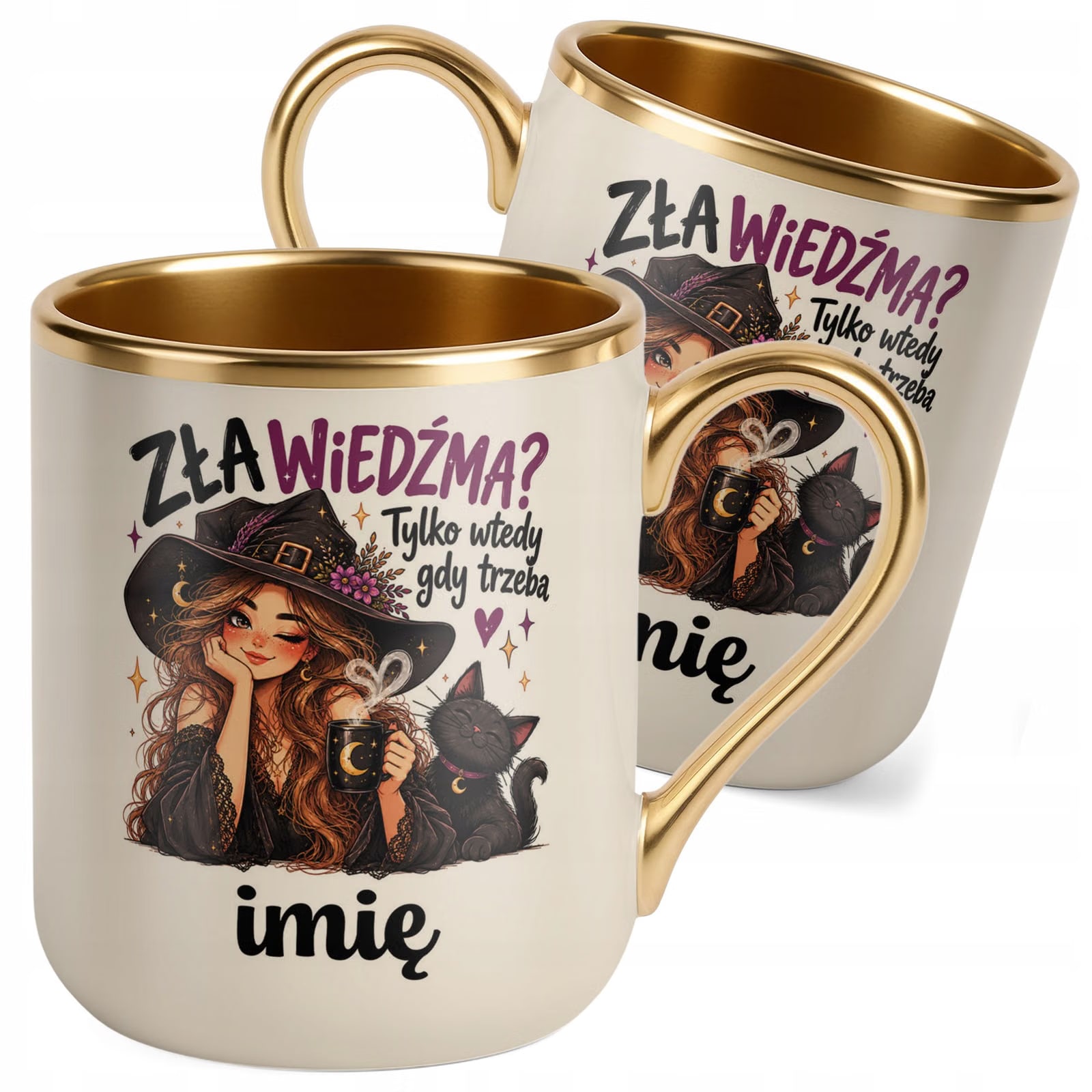 Kubek Personalizowany Premium Złoty Ecru z Nadrukiem Wiedźma