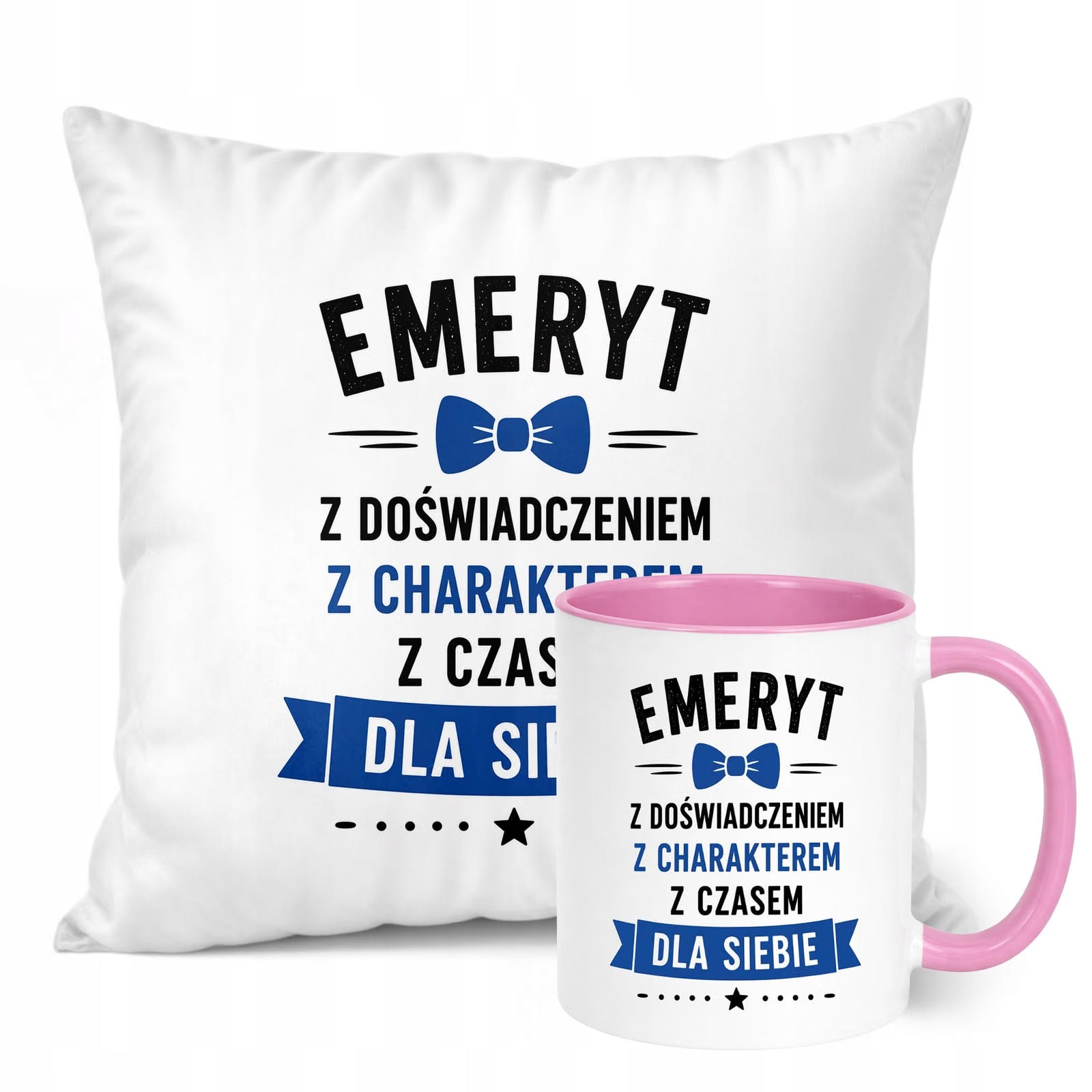 Zestaw Kubek Różowy Poduszka Z Nadrukiem Emerytura Dla Emeryta Prezent