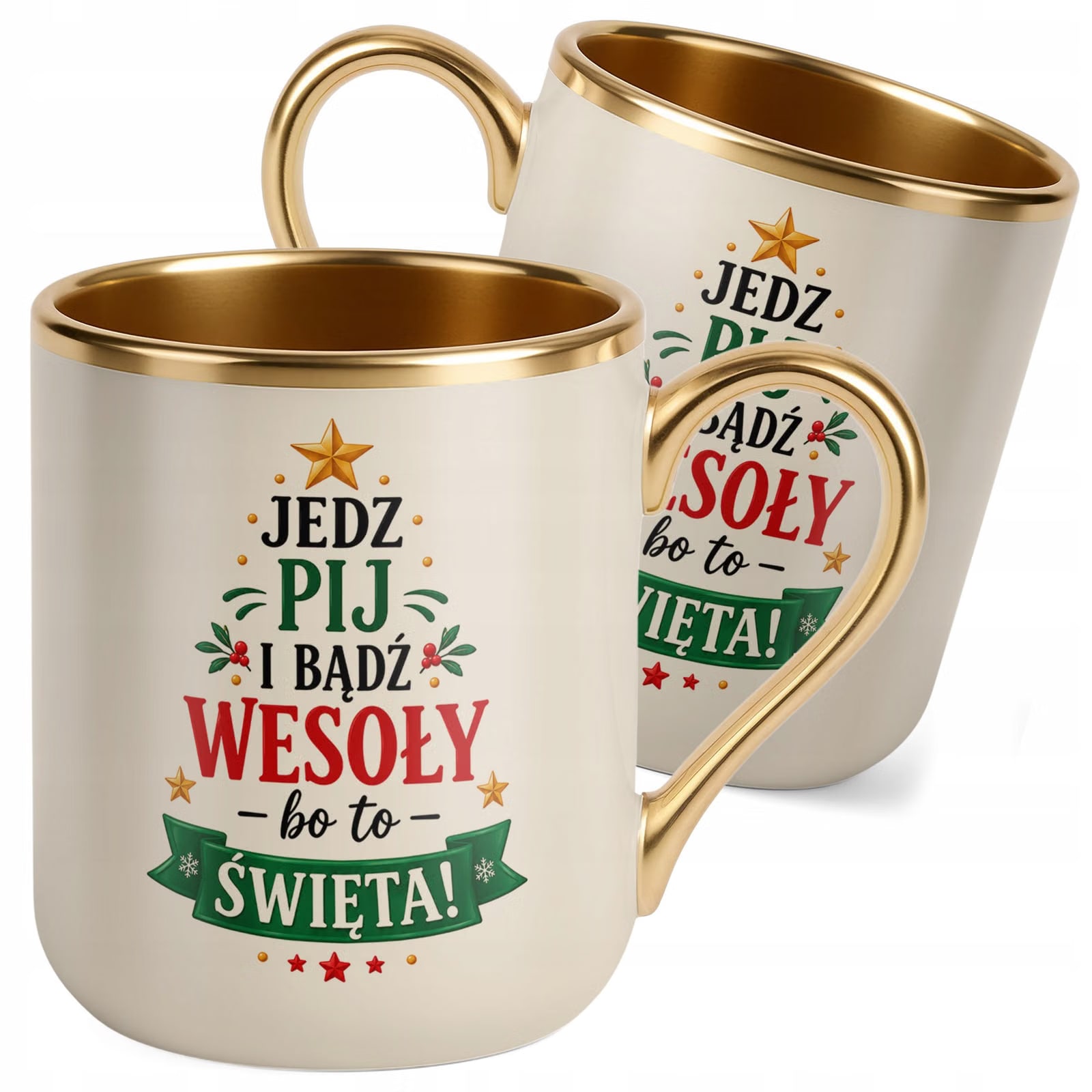 Kubek Premium Złoty Ecru Boże Narodzenie Mikołajki Święta Choinka Prezent