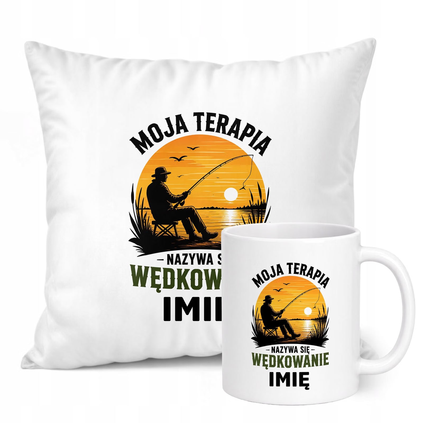 Zestaw Personalizowany Kubek Biały Poduszka Z Nadrukiem Dla Wędkarza
