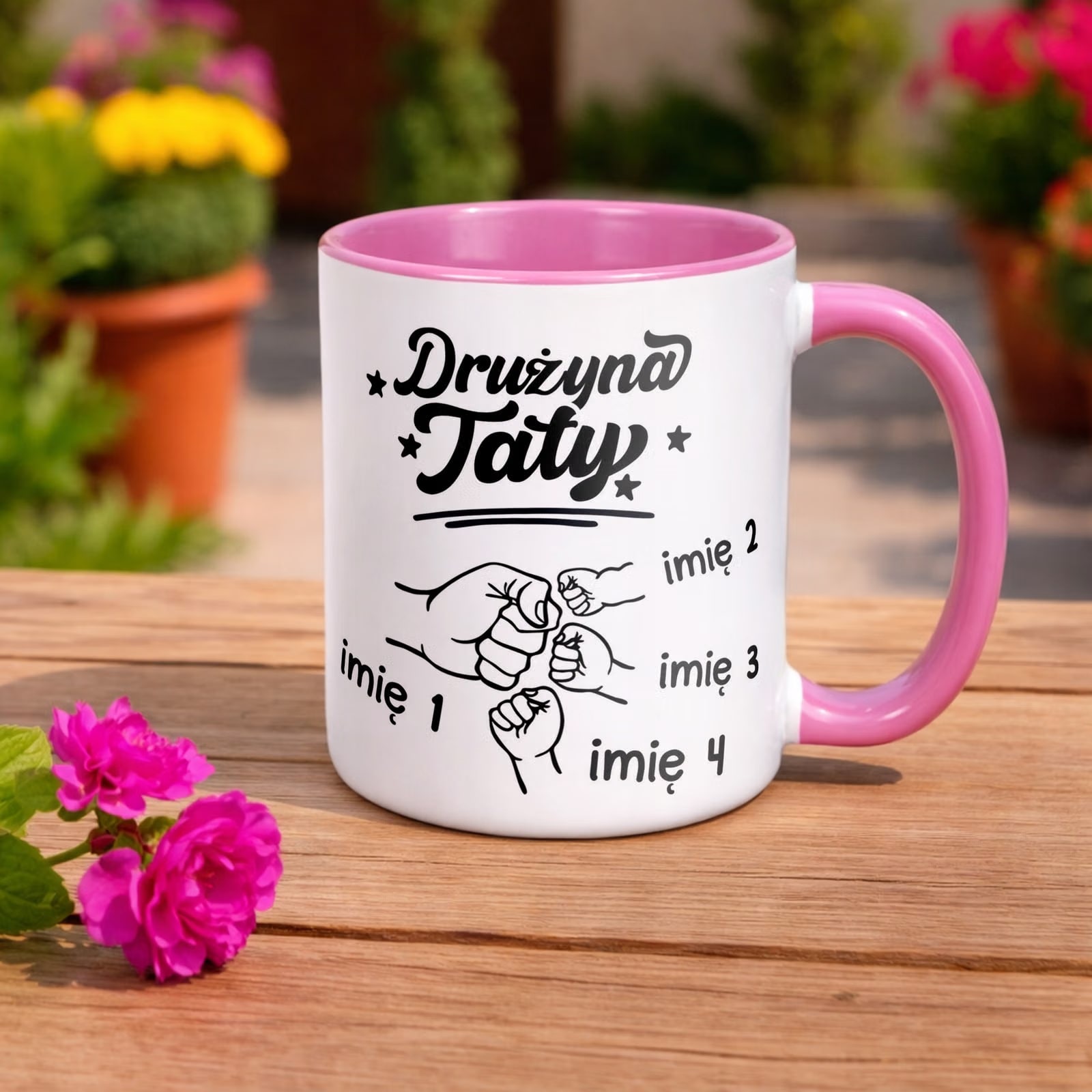 Kubek Różowy Personalizowany Dzień Ojca Najlepsza Drużyna 3 Dzieci