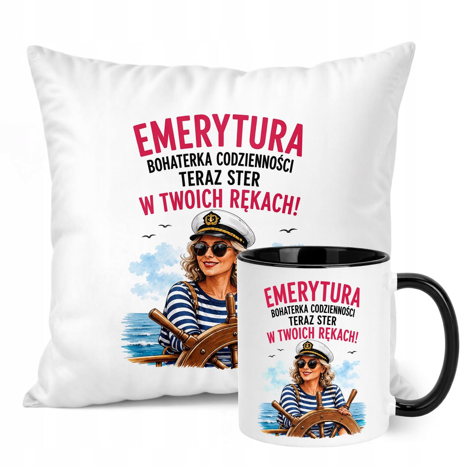Zestaw Kubek Czarny Poduszka Z Nadrukiem Emerytura Dla Emerytki Prezent