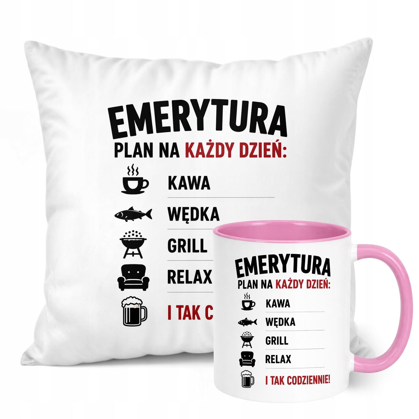 Zestaw Kubek Różowy Poduszka Z Nadrukiem Emerytura Dla Emeryta Prezent