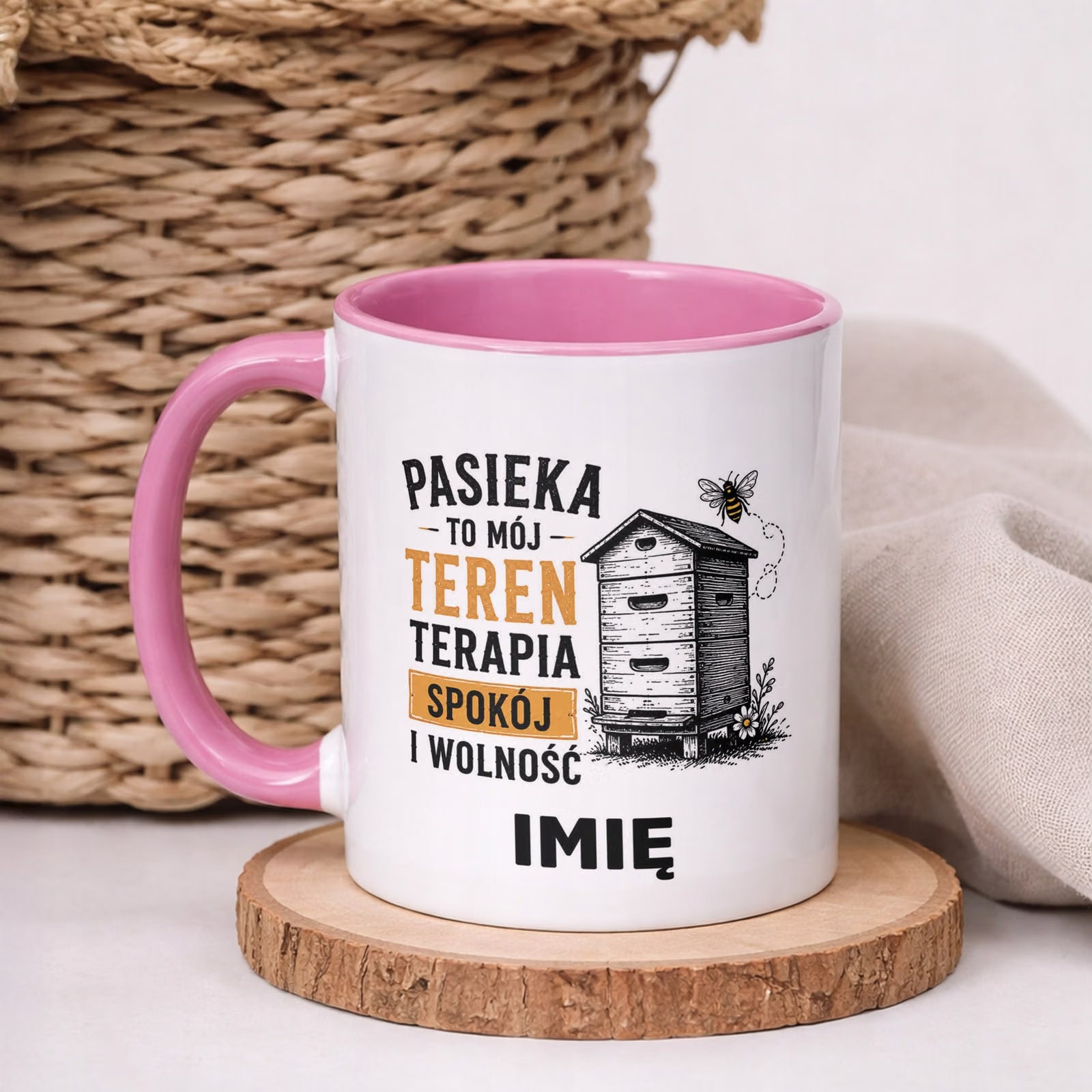 Różowy Kubek Personalizowany z nadrukiem Dla Pszczelarza Upominek Prezent