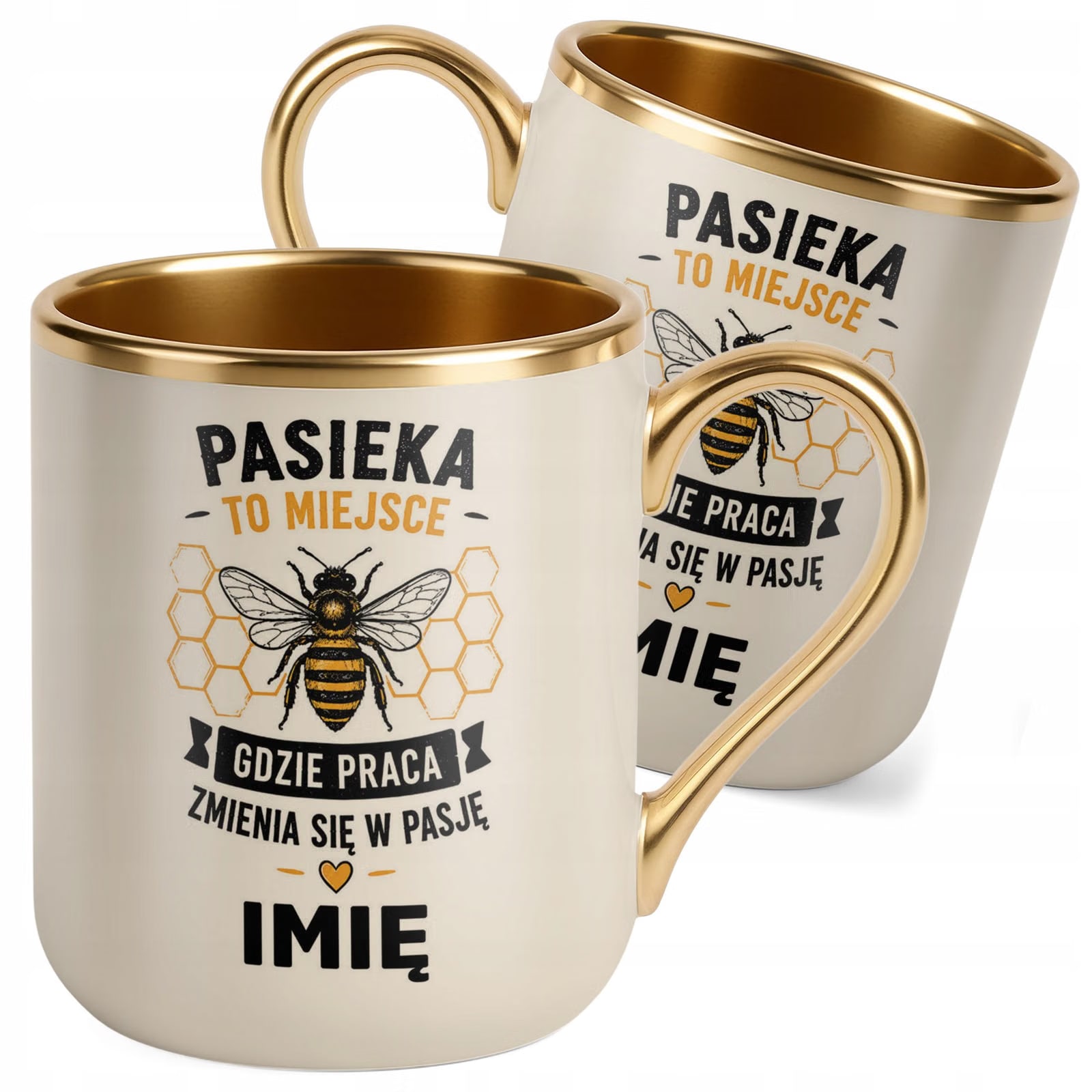 Kubek Personalizowany z nadrukiem Premium Złoty Ecru Dla Pszczelarza