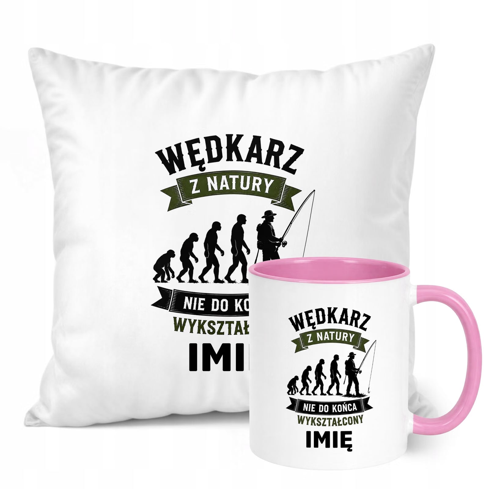 Zestaw Personalizowany Kubek Różowy Poduszka Z Nadrukiem Dla Wędkarza