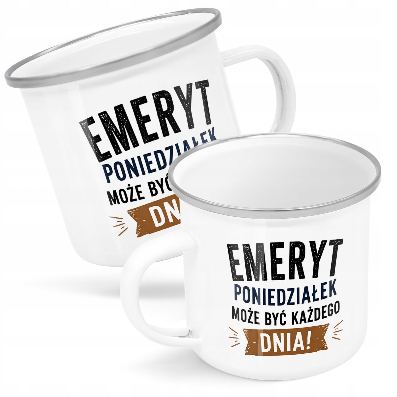 Kubek Emaliowany Emerytura Dla Emeryta z Nadrukiem Biały Metalowy Prezent