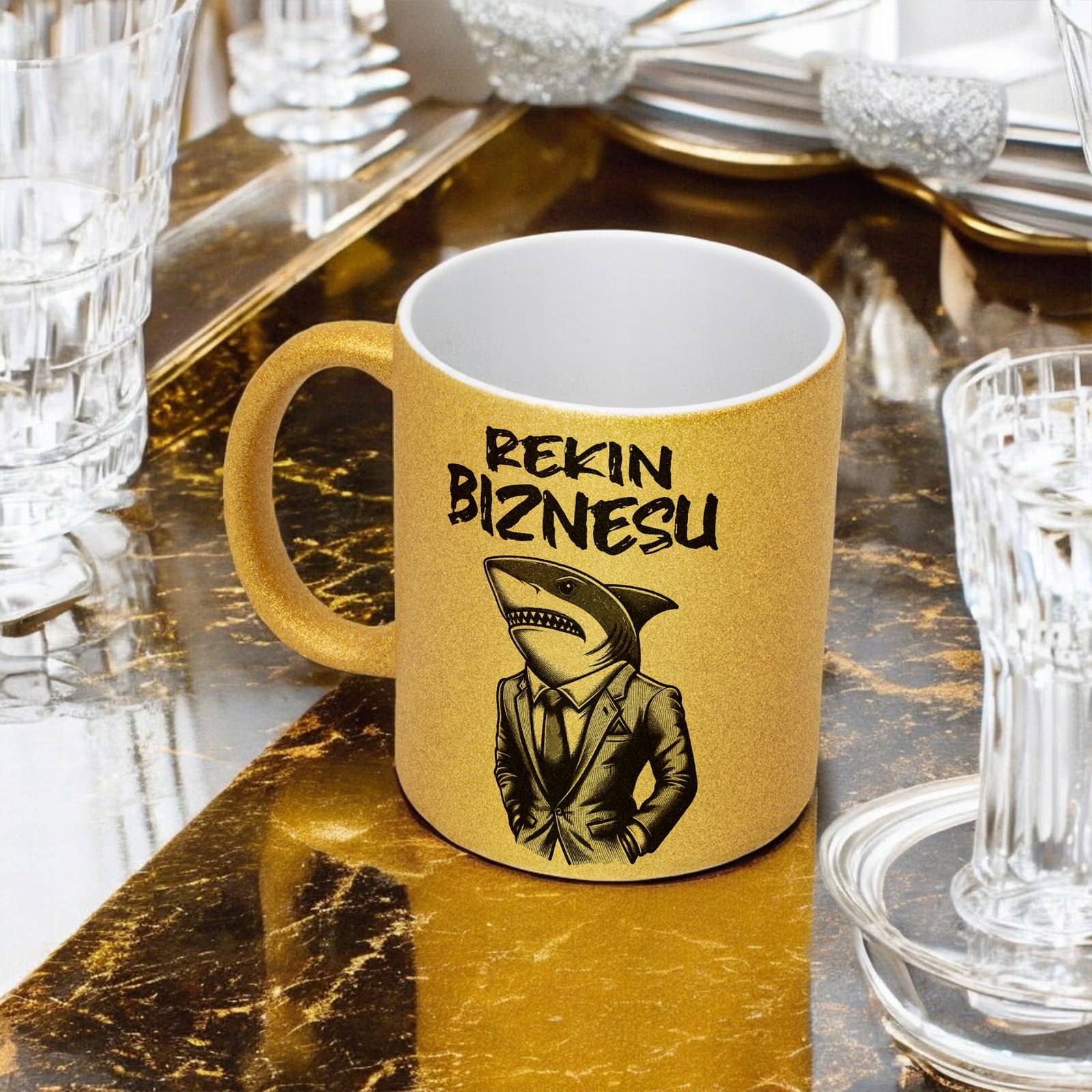 Złoty kubek brokatowy Rekin Biznesu Prezent Praca Dla Rekina Biznesu