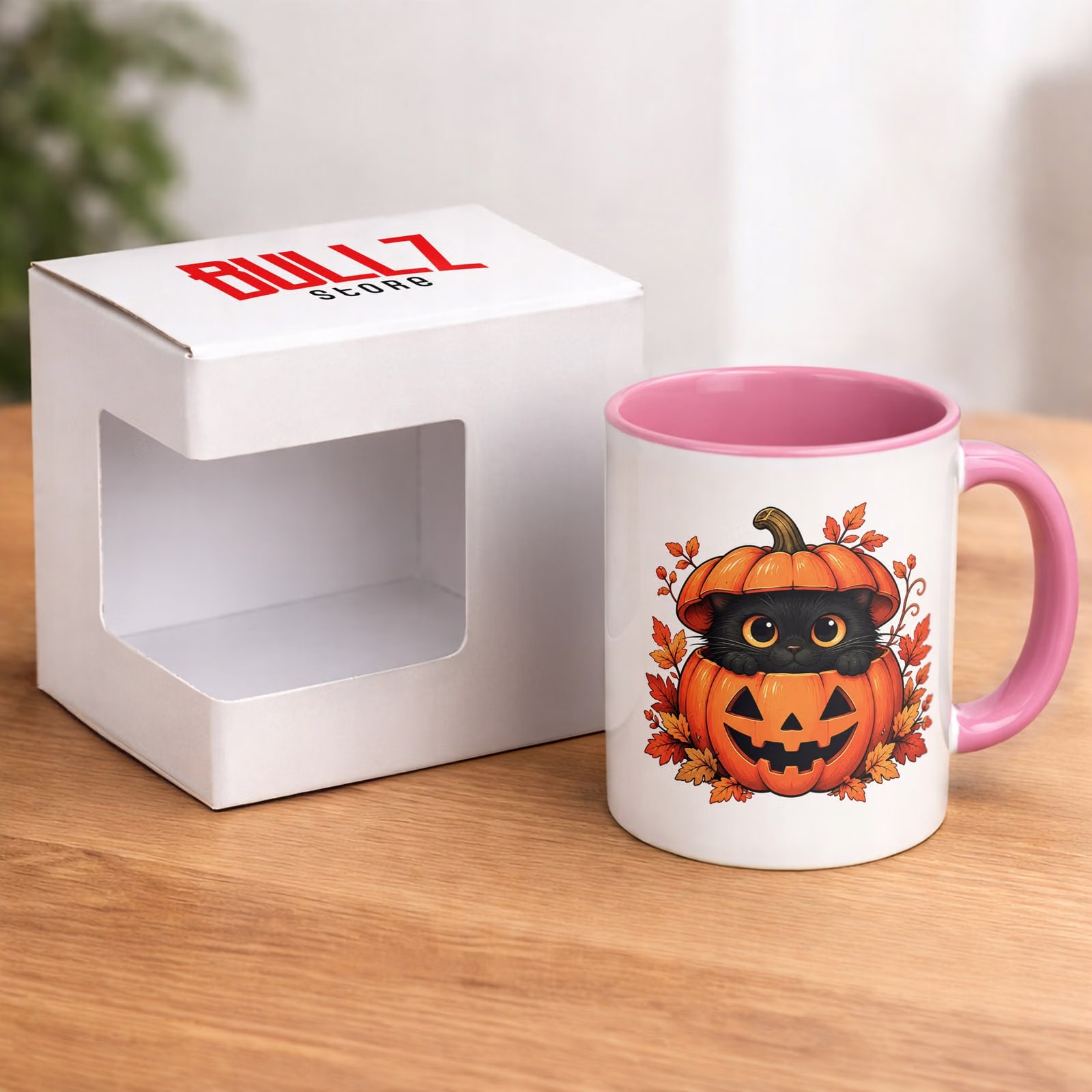 Kubek Różowy z Nadrukiem Halloween Jesień Kot Dynia Prezent Upominek