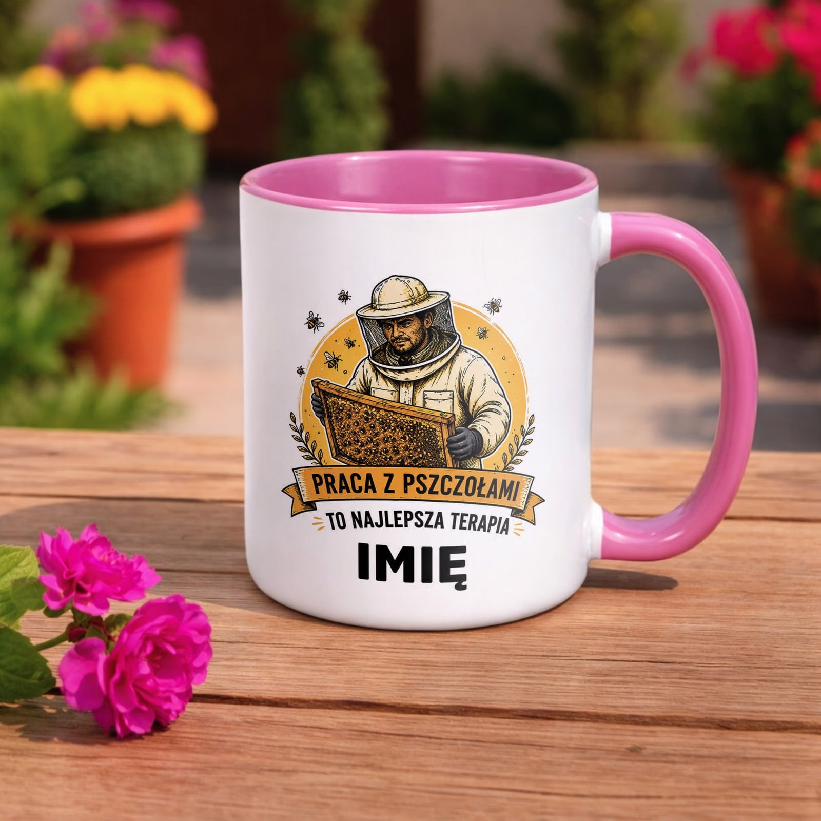 Różowy Kubek Personalizowany z nadrukiem Dla Pszczelarza Upominek Prezent