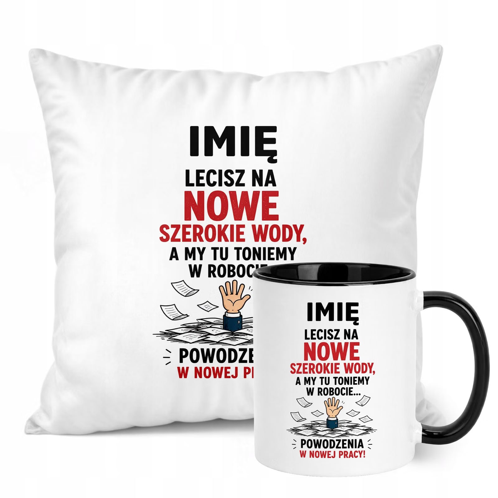 Zestaw Personalizowany Kubek Czarny Poduszka Odejście z Pracy Prezent