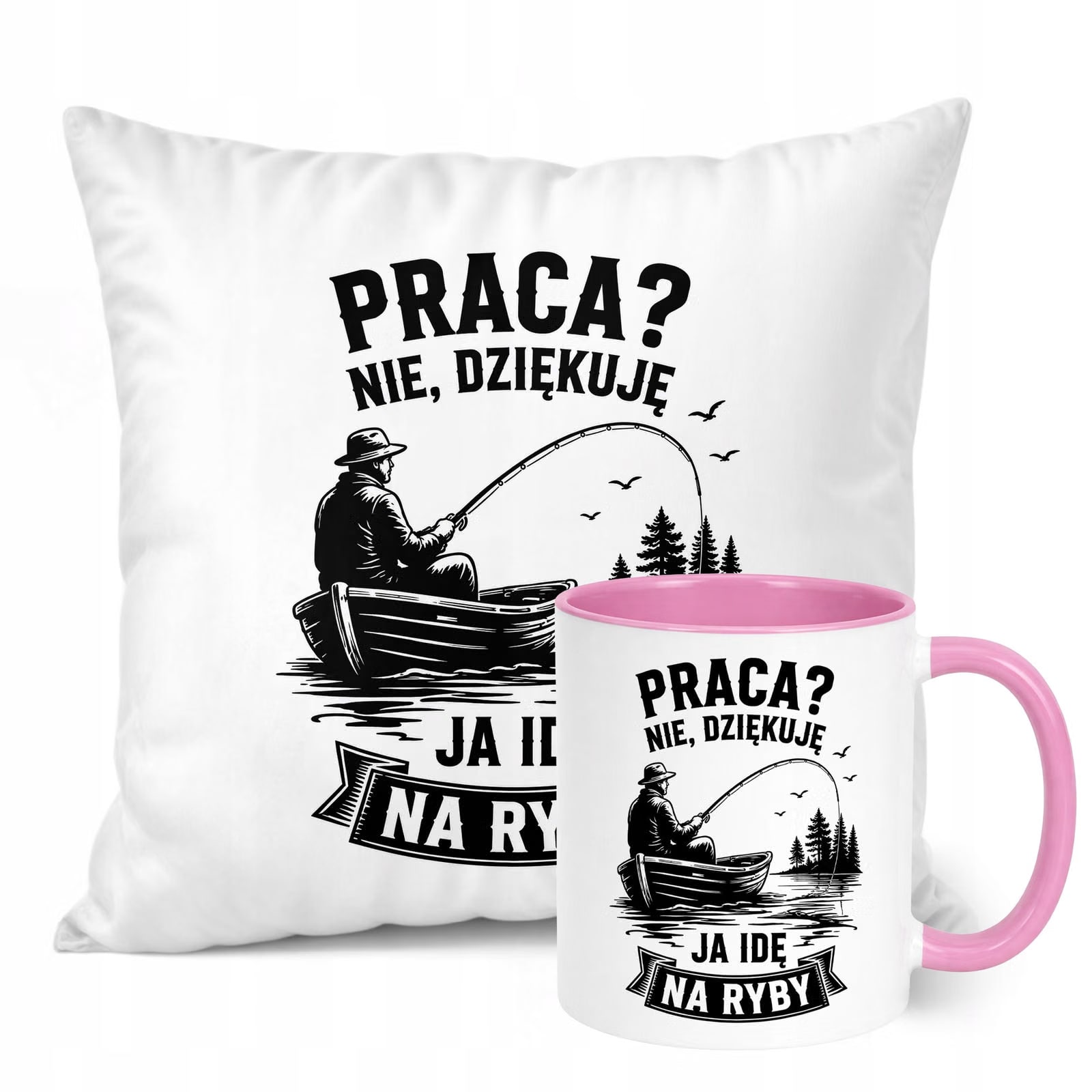 Zestaw Kubek Różowy Poduszka Z Nadrukiem Dla Wędkarza Prezent