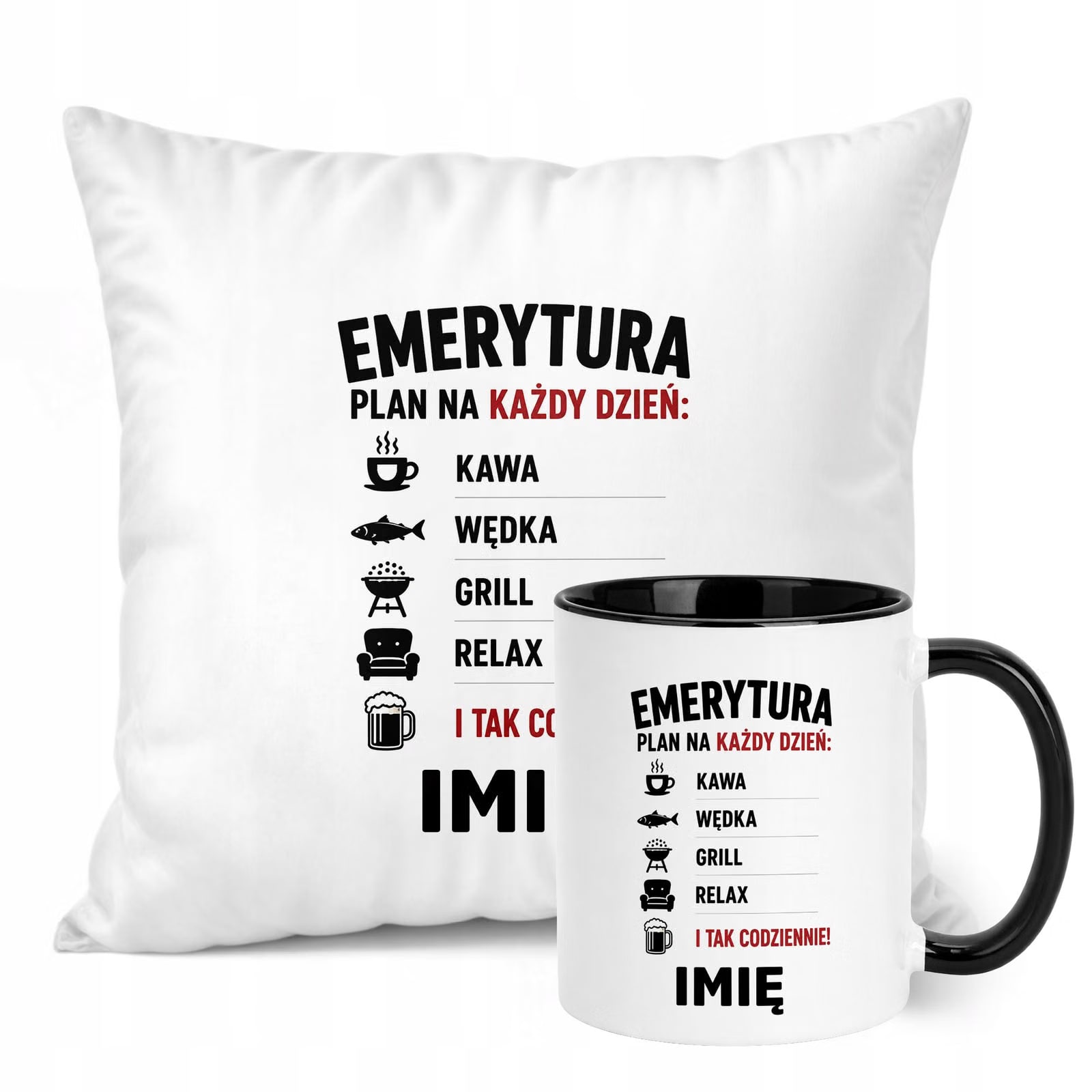 Zestaw Personalizowany Kubek Czarny Poduszka Emerytura Upominek Prezent