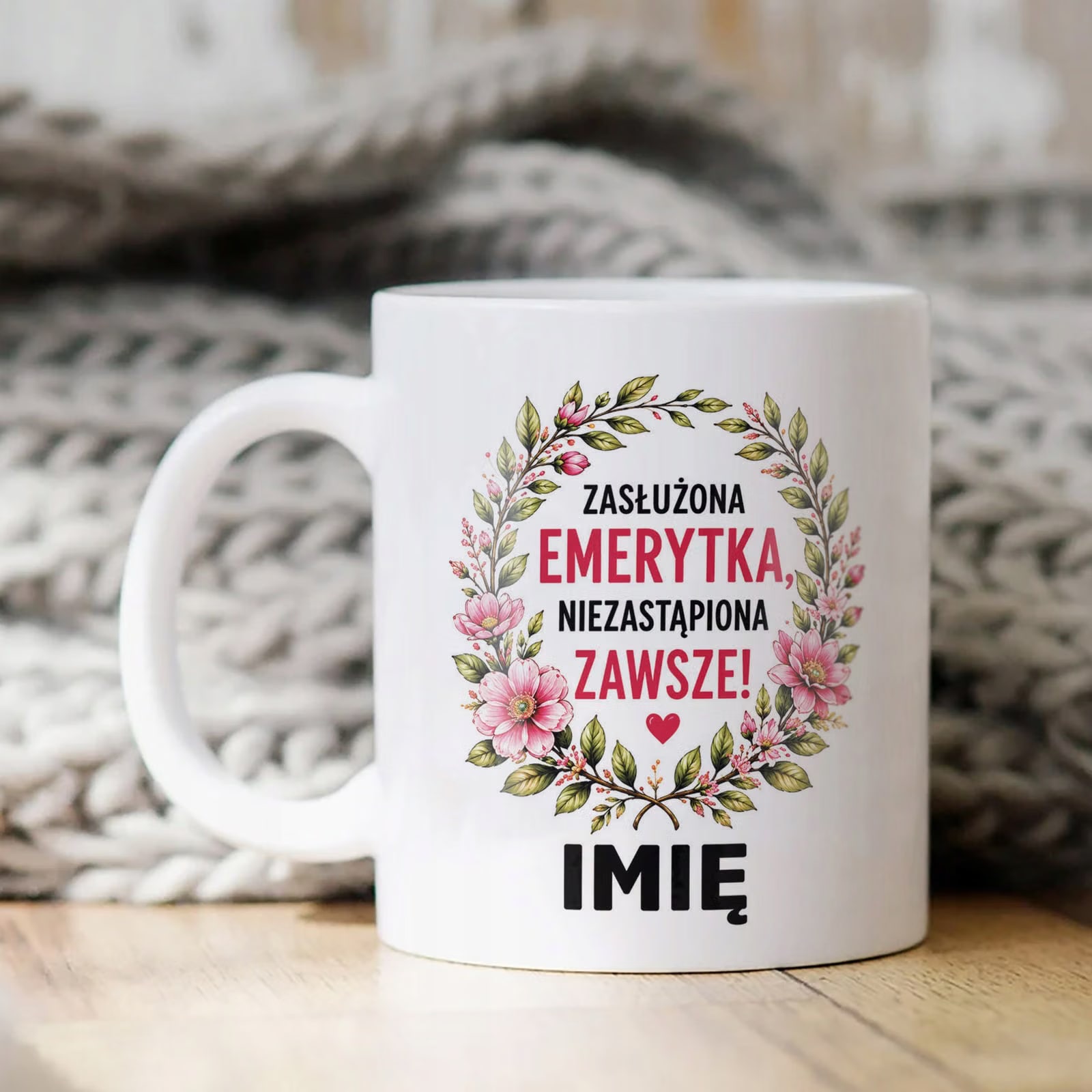 Biały Kubek Personalizowany z Nadrukiem Emerytura Dla Emerytki Prezent