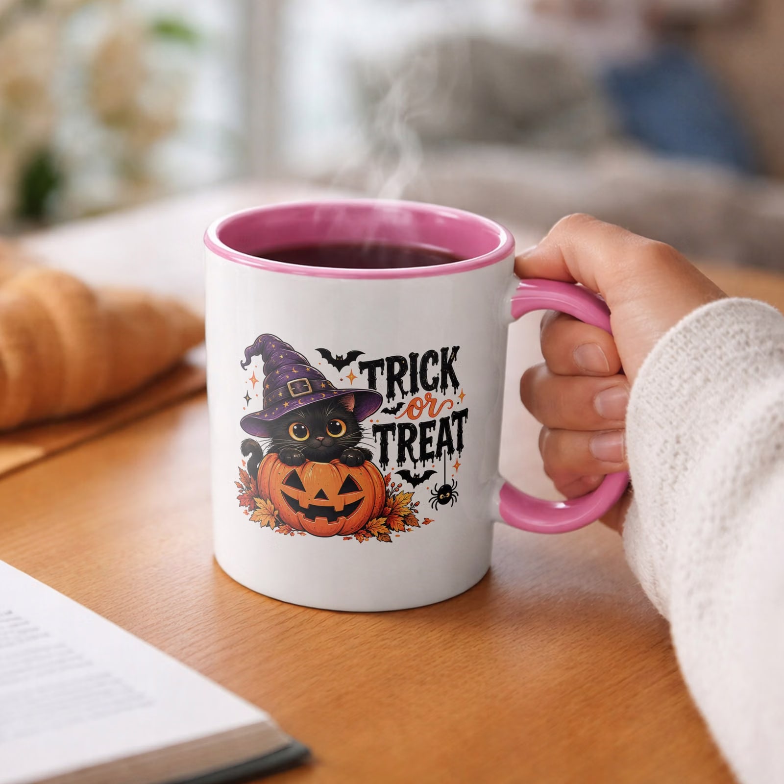Kubek Różowy z Nadrukiem Halloween Jesień Kot Dynia Prezent Upominek