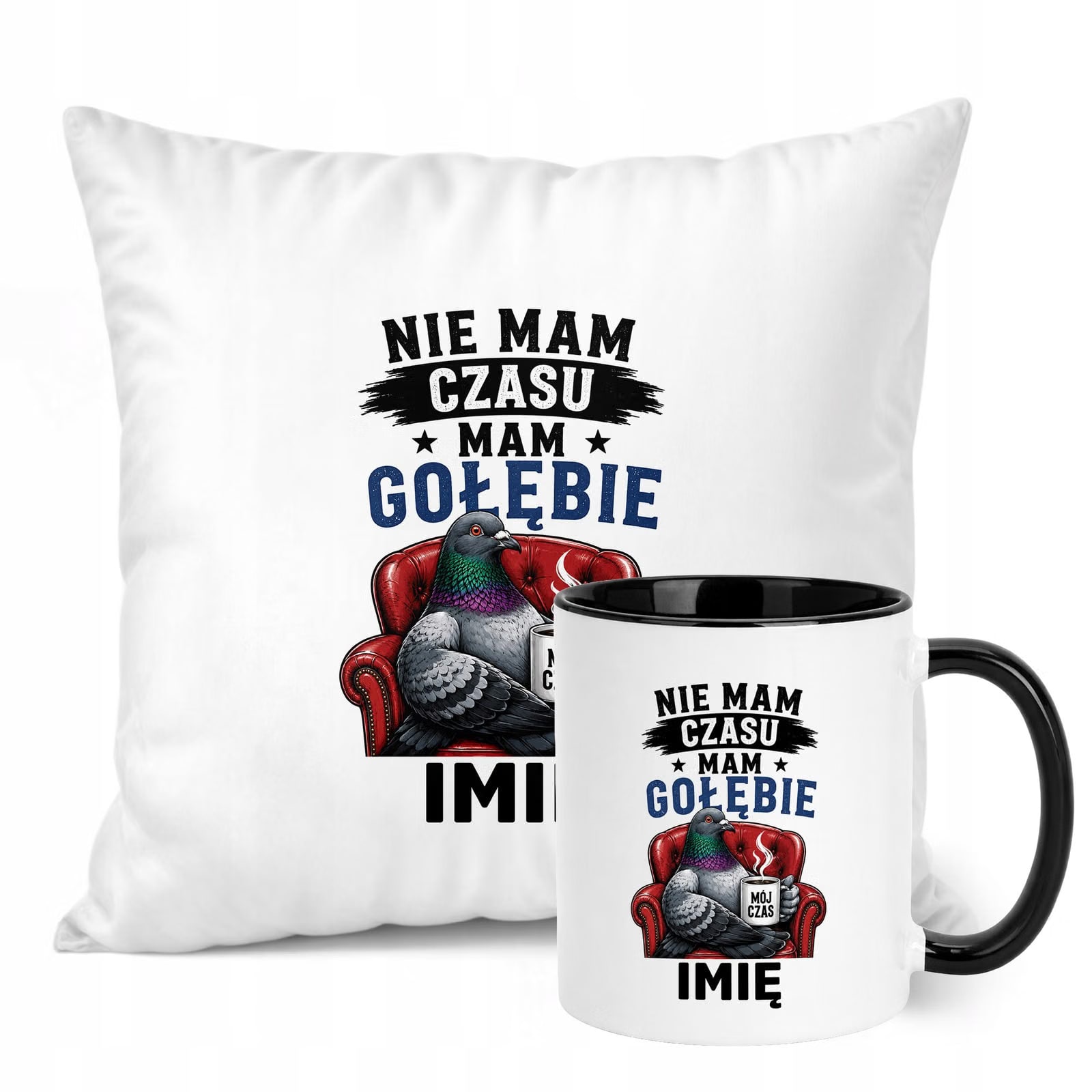 Zestaw Personalizowany Kubek Czarny Poduszka Z Nadrukiem Dla Gołębiarza
