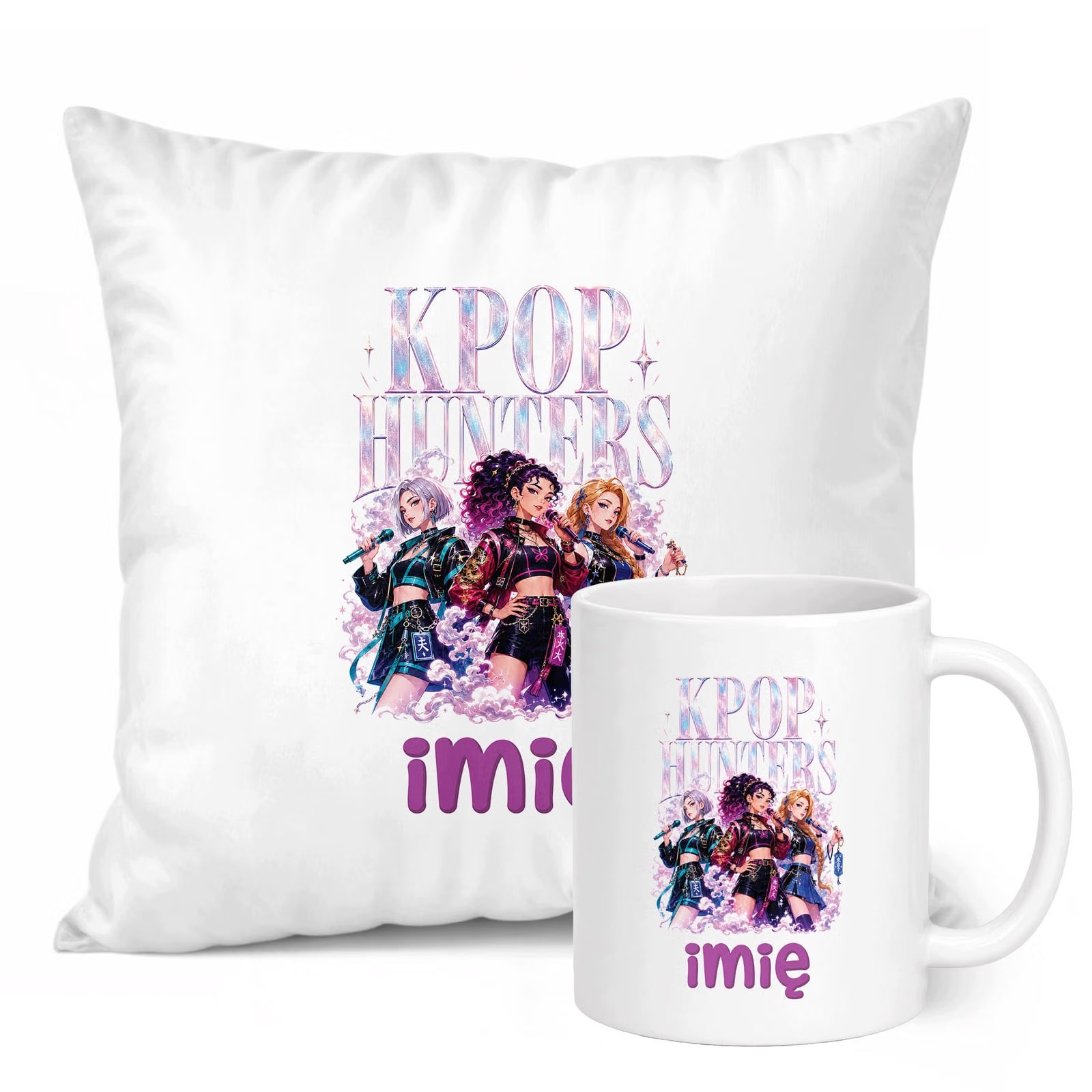 Zestaw Personalizowany Kubek Biały Poduszka Łowczynie Kpop Prezent