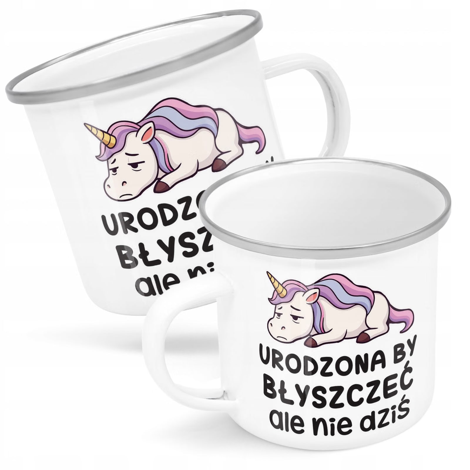 Kubek Emaliowany Urodzona By Byszczeć Zabawny z Nadrukiem Biały Metalowy