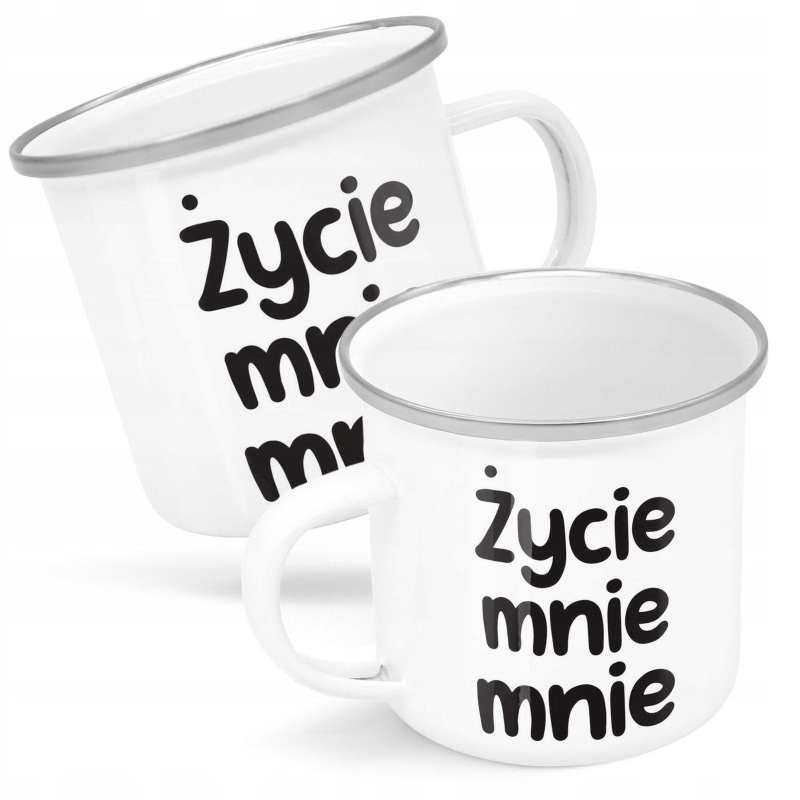 Kubek Emaliowany Życie Mnie Śmieszny Zabawny z Nadrukiem Biały Metalowy