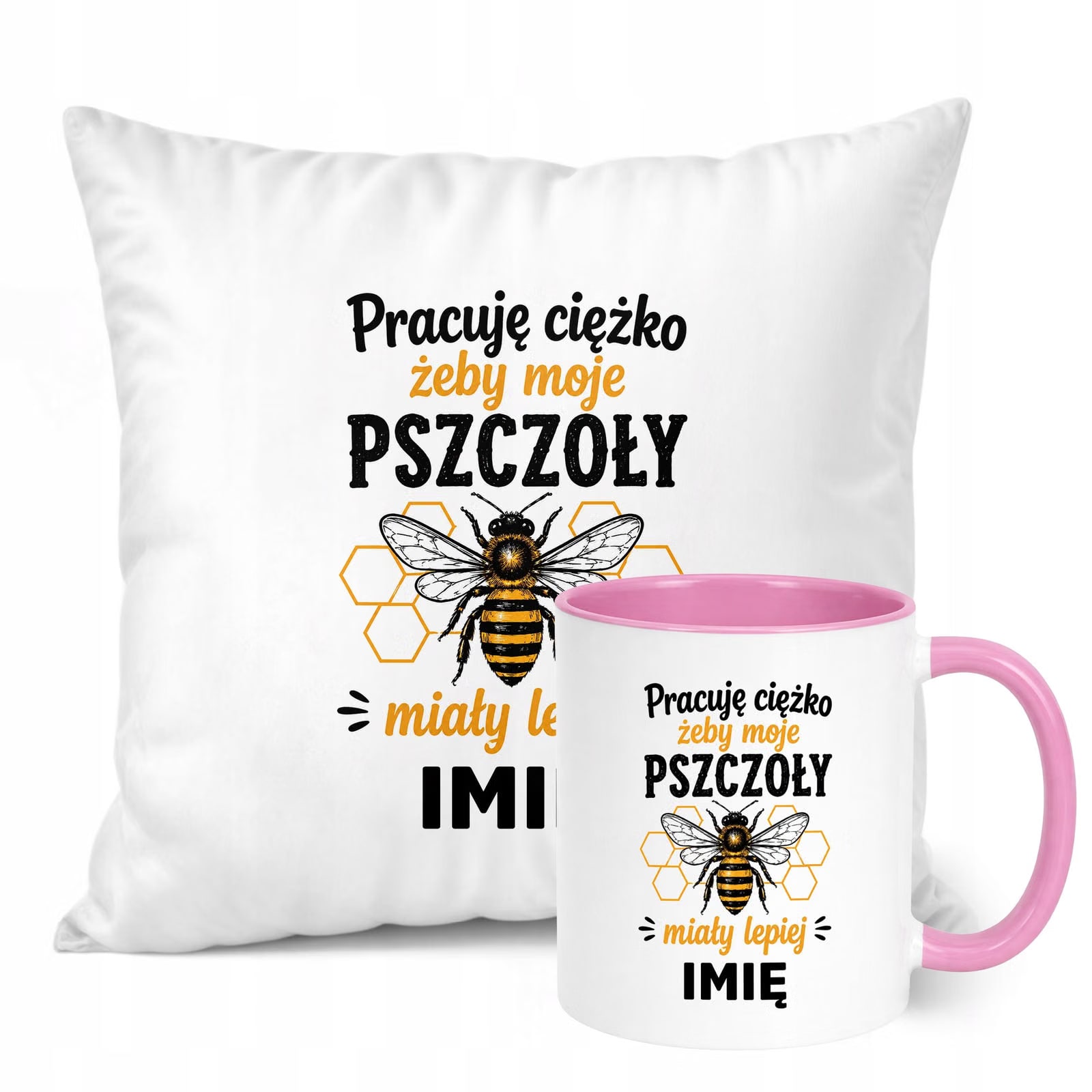 Zestaw Personalizowany Kubek Różowy Poduszka Z Nadrukiem Dla Pszczelarza