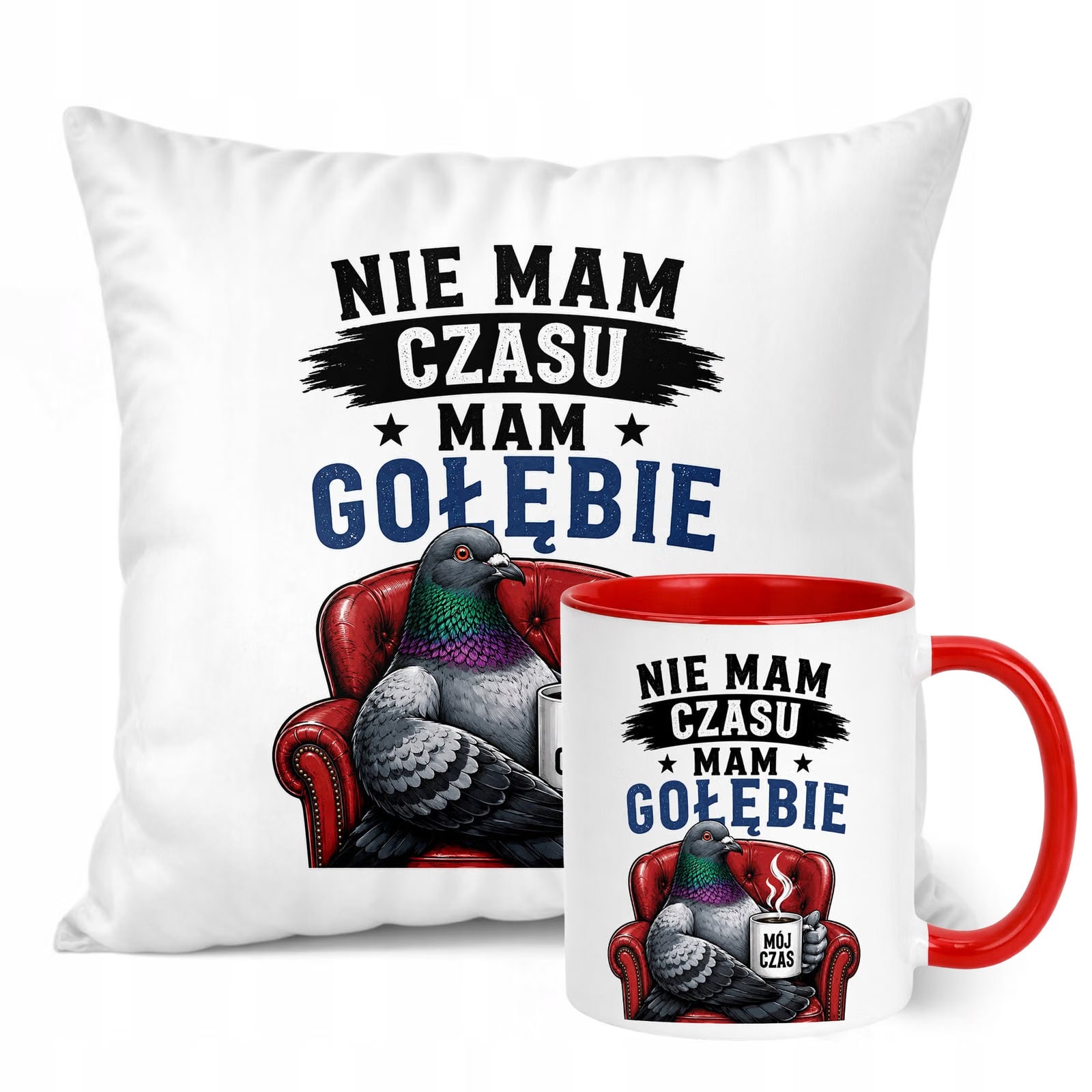 Zestaw Kubek Czerwony Poduszka Z Nadrukiem Dla Gołębiarza Prezent