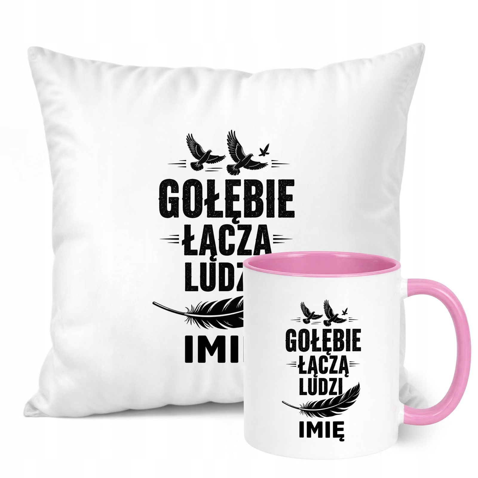 Zestaw Personalizowany Kubek Różowy Poduszka Z Nadrukiem Dla Gołębiarza