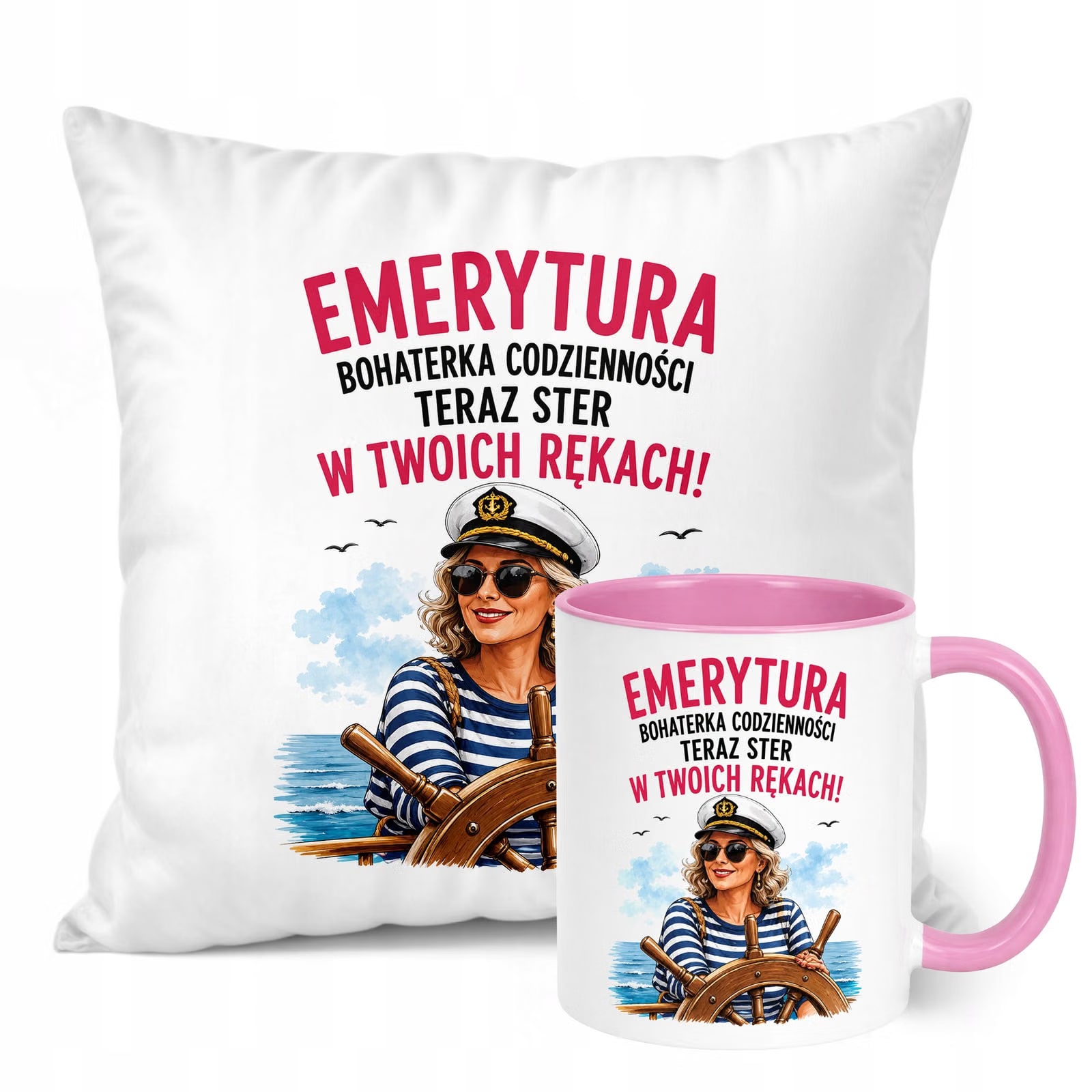 Zestaw Kubek Różowy Poduszka Z Nadrukiem Emerytura Dla Emerytki Prezent