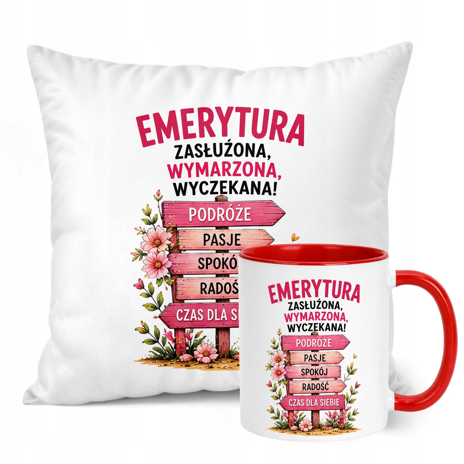 Zestaw Kubek Czerwony Poduszka Z Nadrukiem Emerytura Dla Emerytki Prezent